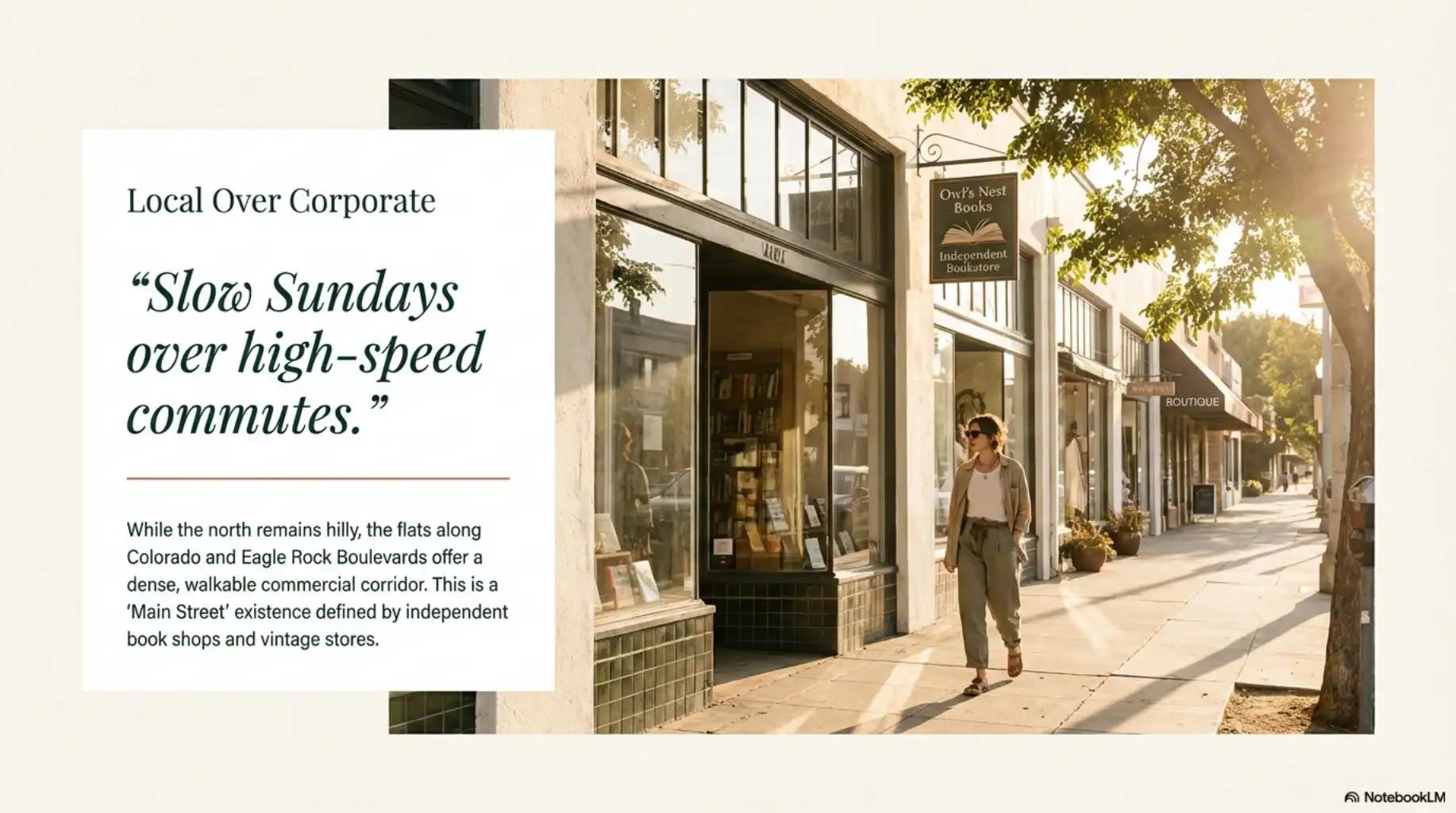 A person walks past independent storefronts on a sunny sidewalk in the Eagle Rock commercial corridor.