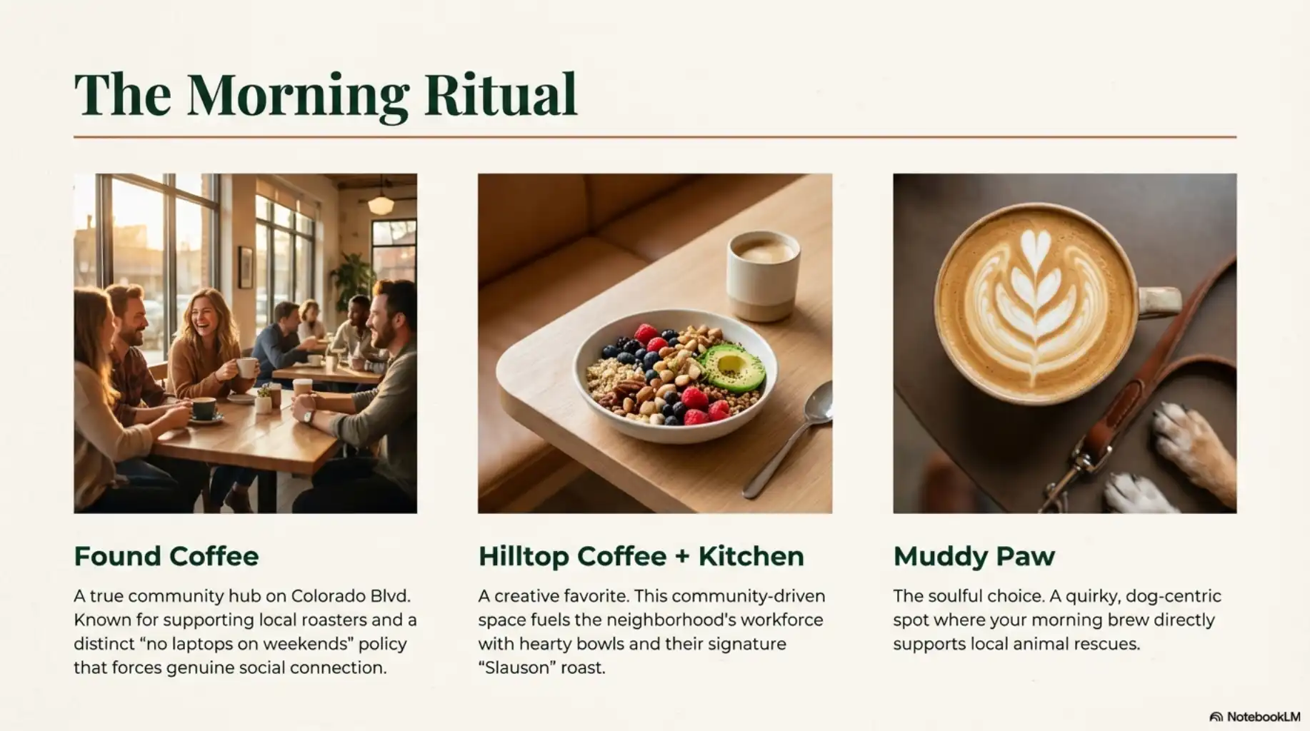 Three panels showing a cafe interior with people, a grain bowl with avocado, and a latte next to a dog leash.