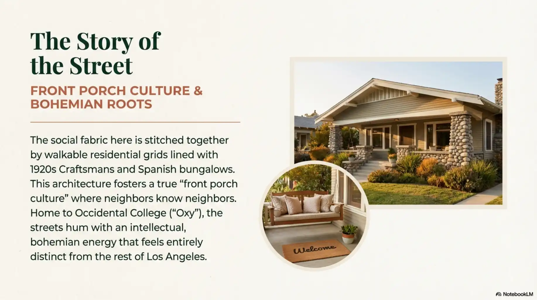 Craftsman bungalow with river rock porch pillars and a secondary view of a porch swing with a welcome mat.