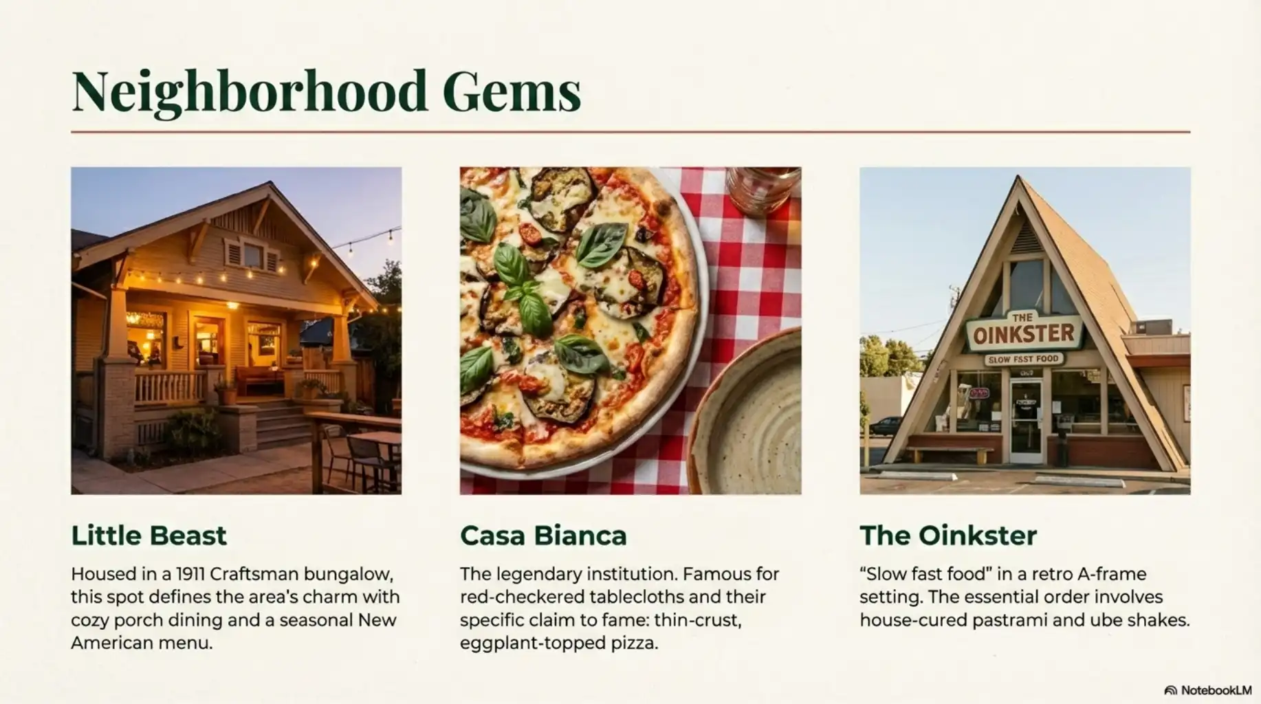 Three panels showing a bungalow restaurant with string lights, an eggplant pizza, and an A-frame fast food building.