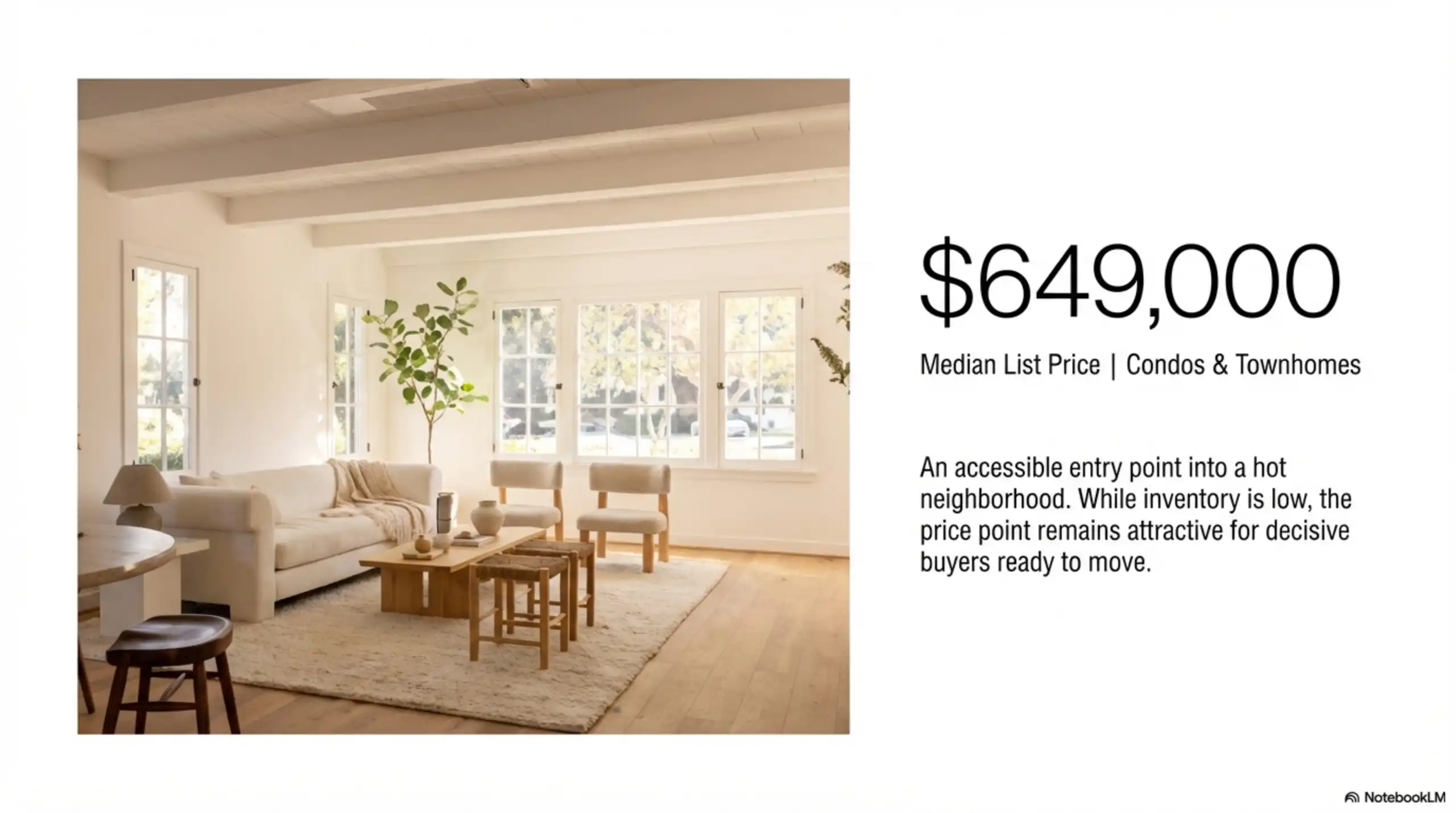 Interior photo of a living room with text stating the median list price for condos and townhomes is 649,000 dollars.