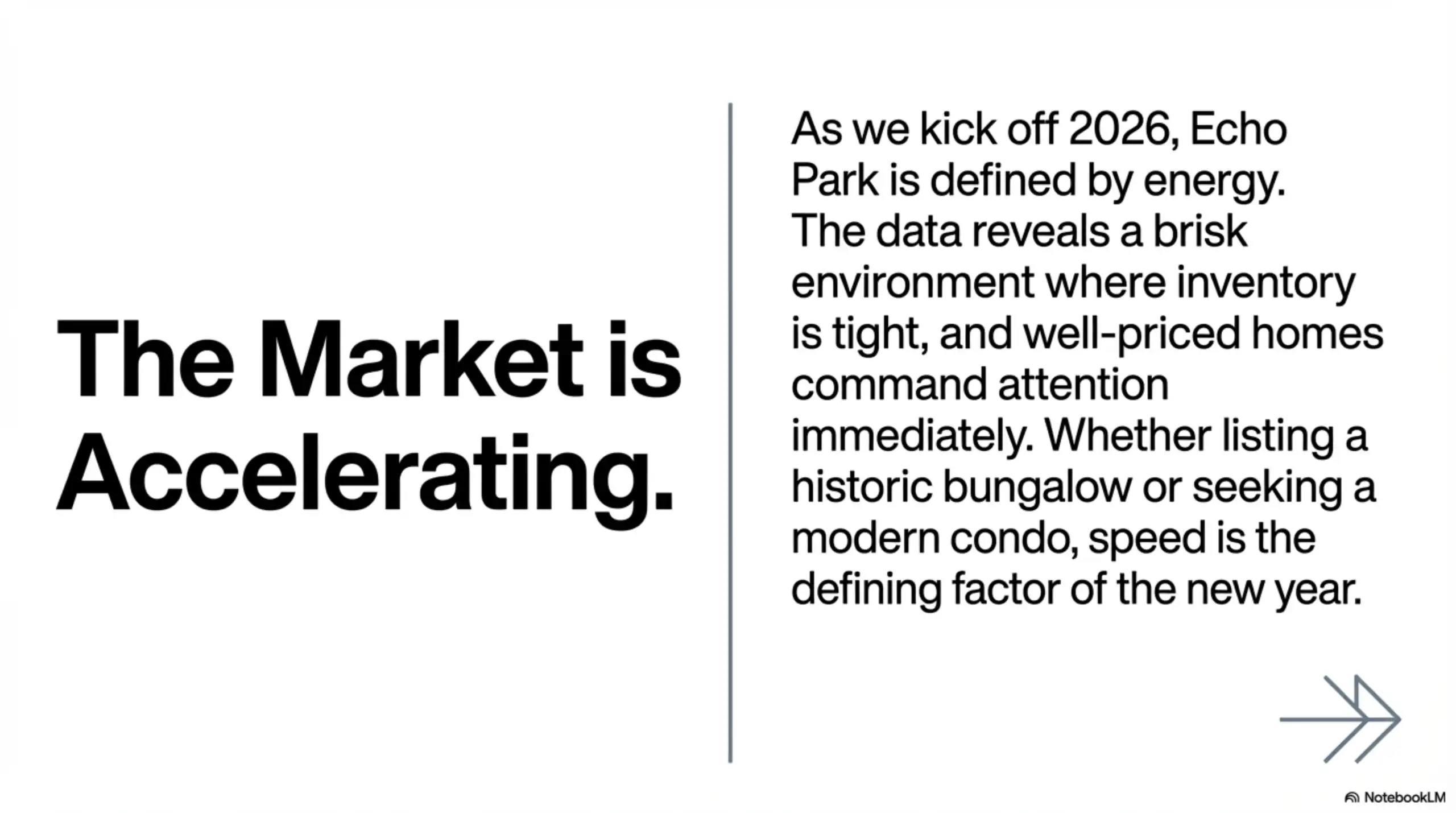 Text slide titled The Market is Accelerating, describing brisk inventory conditions and speed as defining factors for 2026.