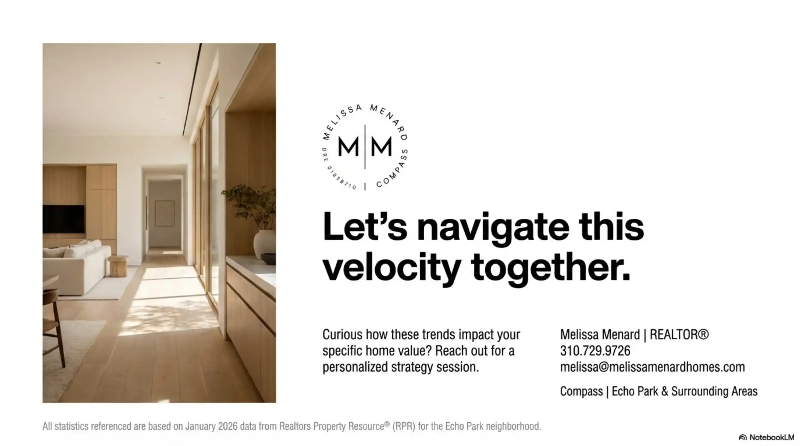 Marketing graphic featuring a hallway interior, Melissa Menard Compass logo, and contact details for a January 2026 market update.