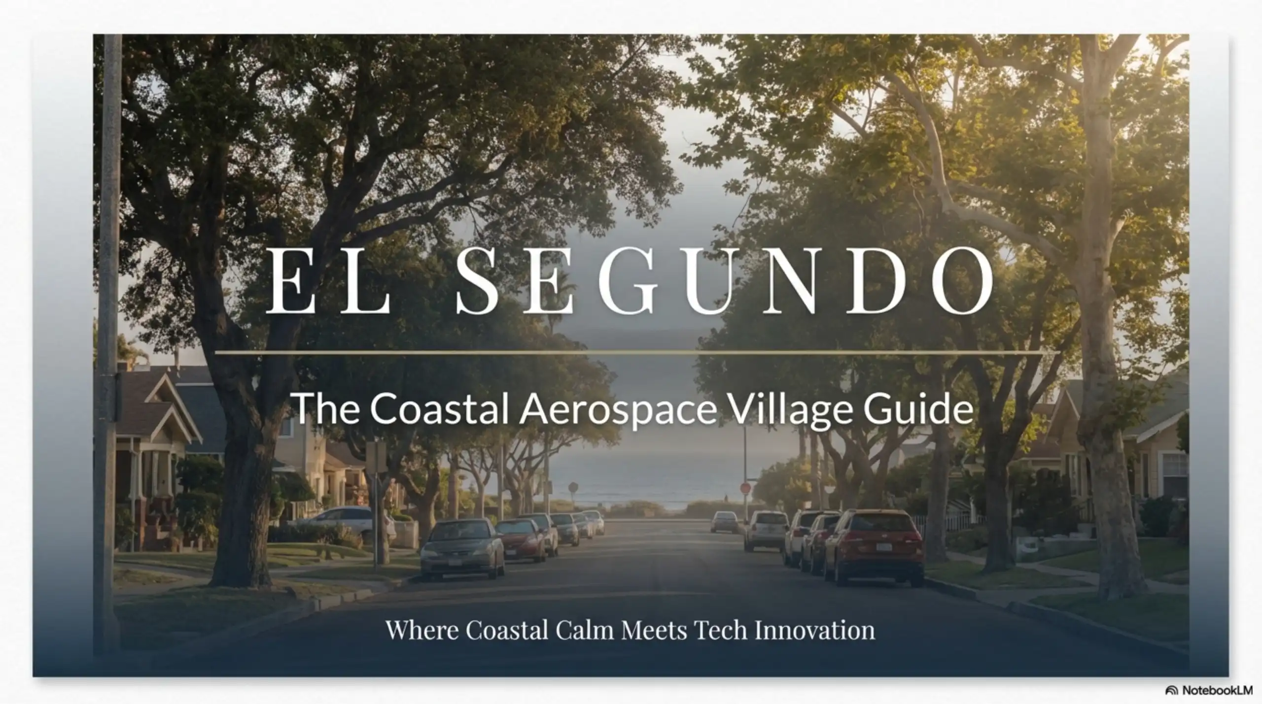 A paved residential street lined with mature trees and parked cars leads toward the ocean.