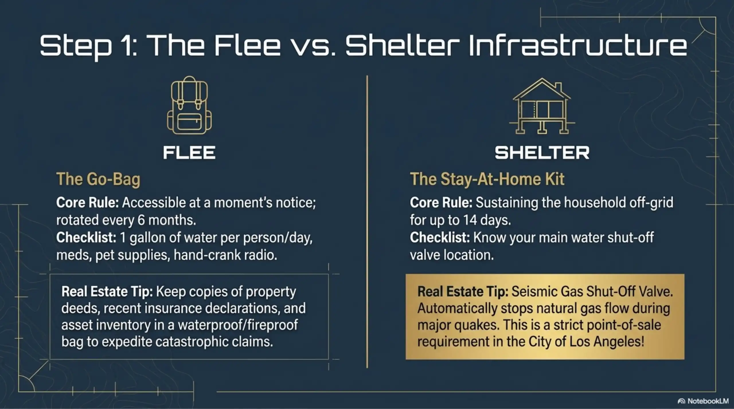 Los Angeles real estate presentation slide detailing emergency go-bags and stay-at-home kits.