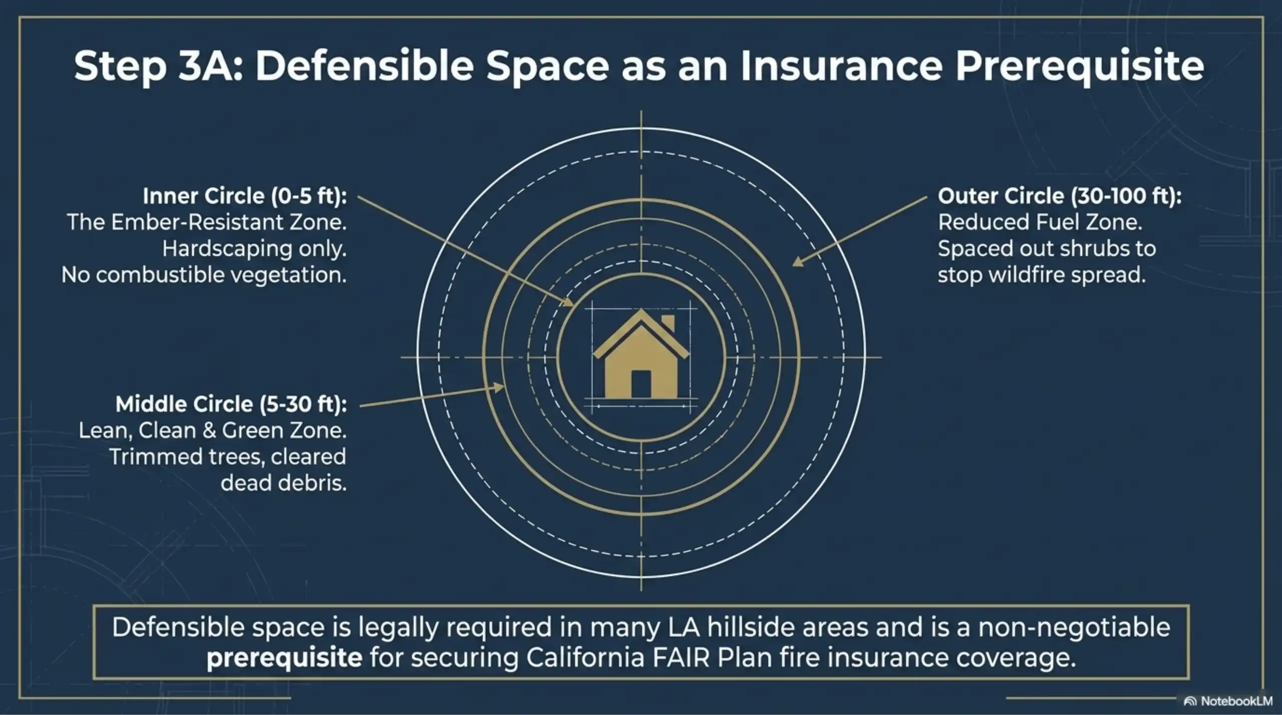 Los Angeles property slide detailing defensible space zones for home insurance prerequisites.