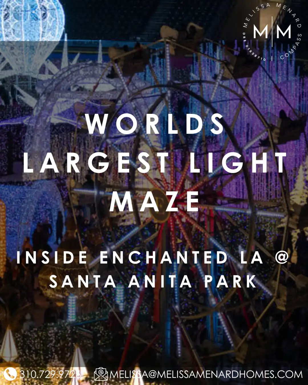 Illuminated Christmas light maze tunnel at Enchant Christmas Santa Anita Park in Arcadia