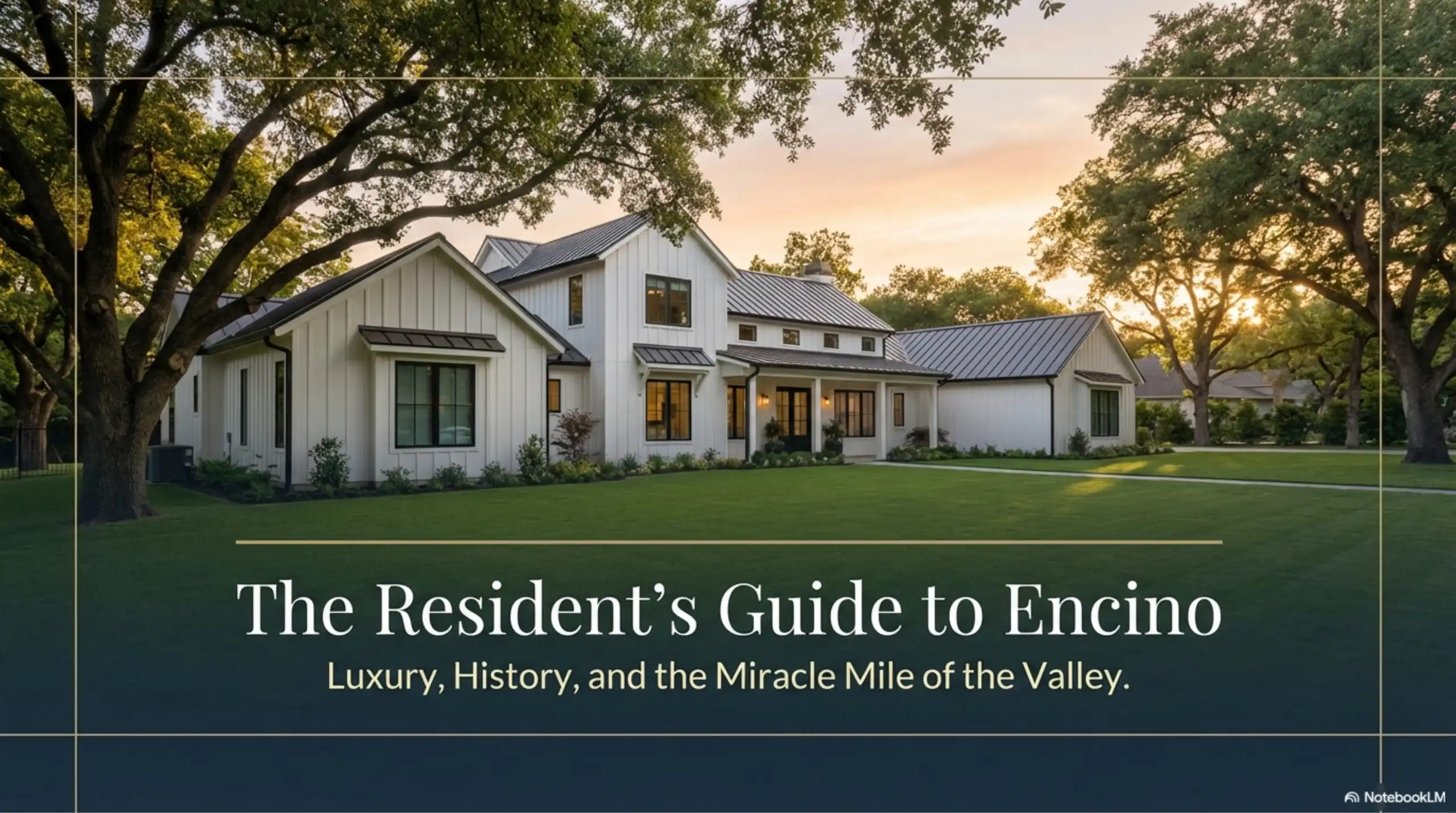 Two-story white modern farmhouse with black metal roof, large lawn, and mature oak trees.
