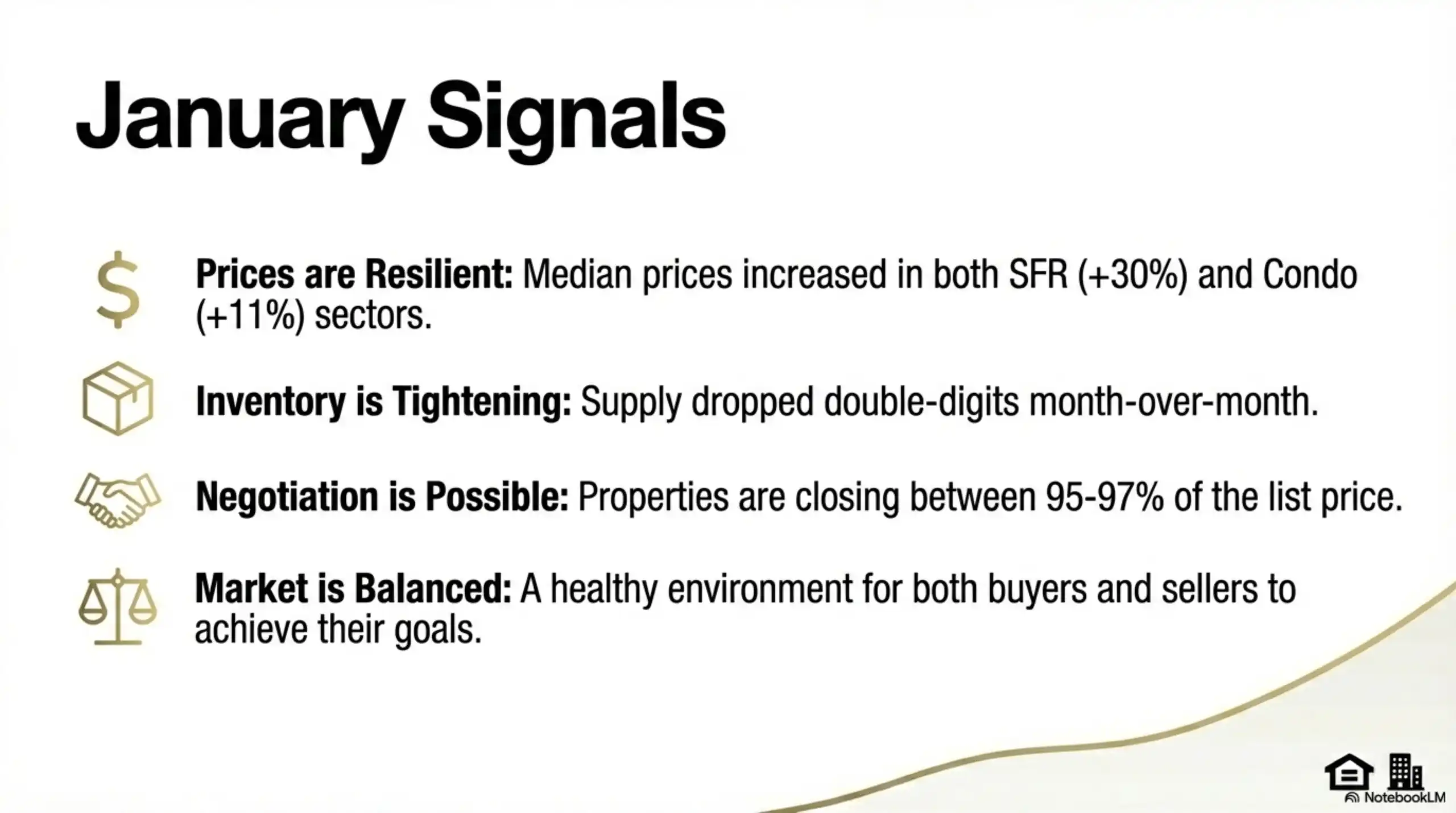 List of market indicators for Encino including resilient prices, tightening inventory, and negotiation trends for January 2026.