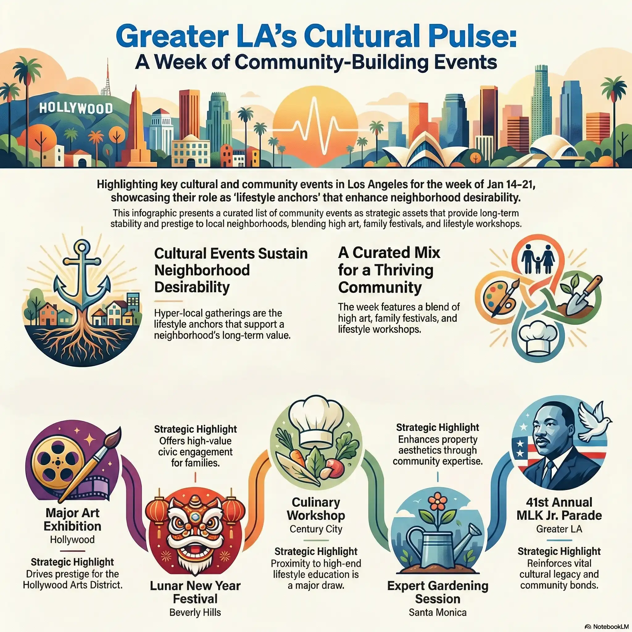 Infographic schedule of Los Angeles cultural events Jan 14-21 including Hollywood art, Beverly Hills Lunar New Year, and MLK Parade.