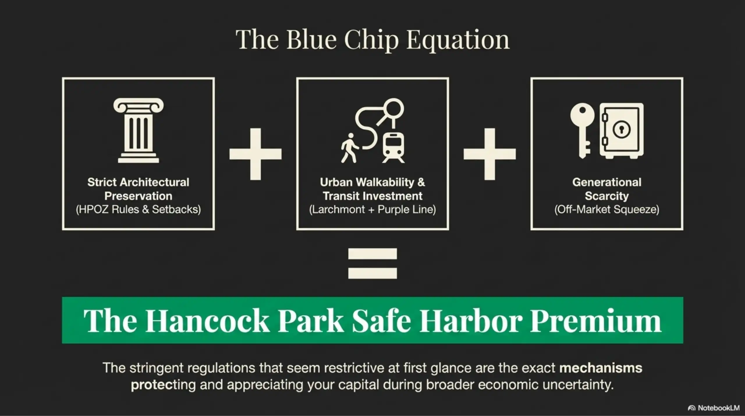 Graphic showing the sum of architectural rules, walkability, and scarcity.