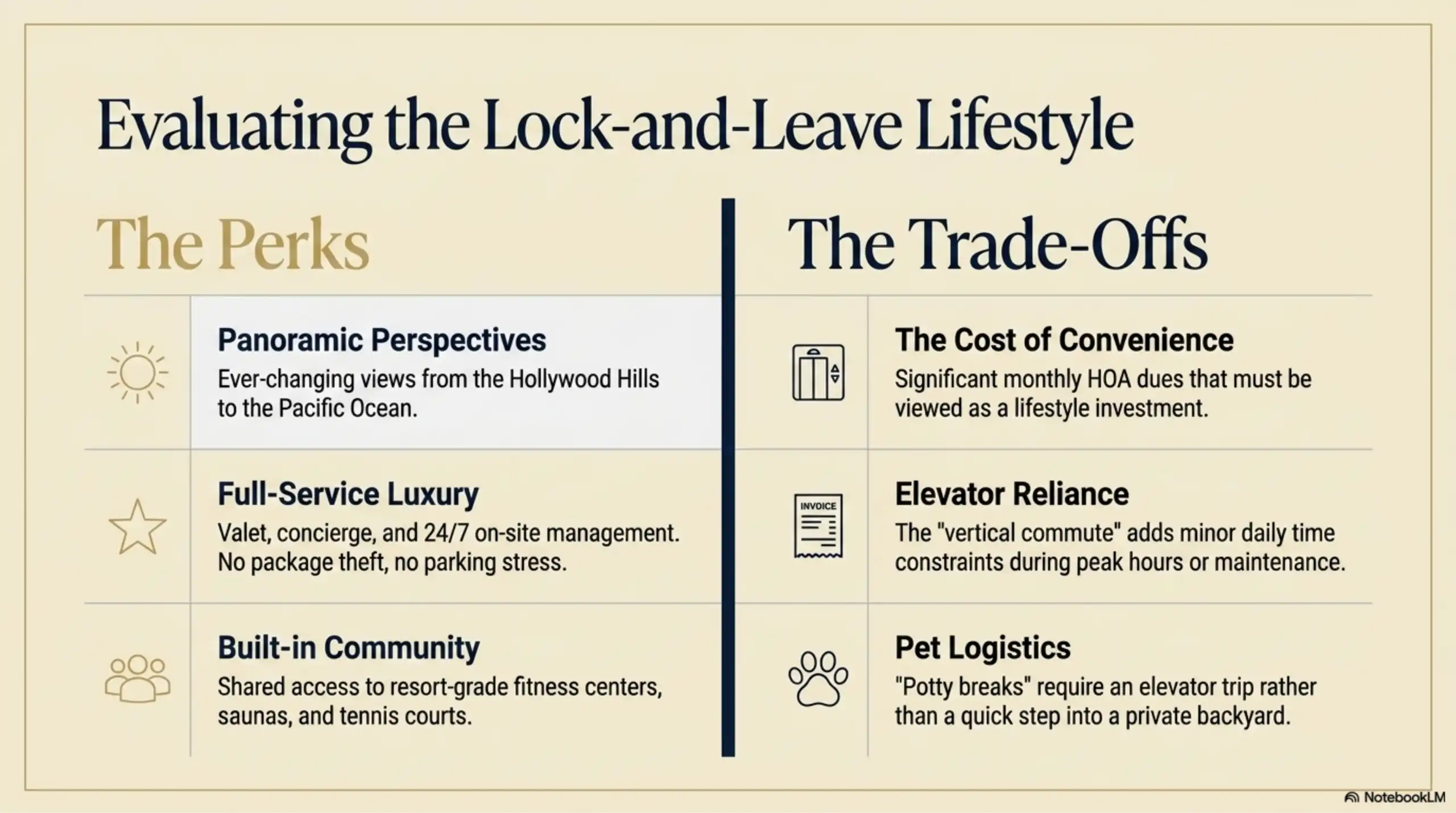 Chart comparing high-rise living perks and trade-offs