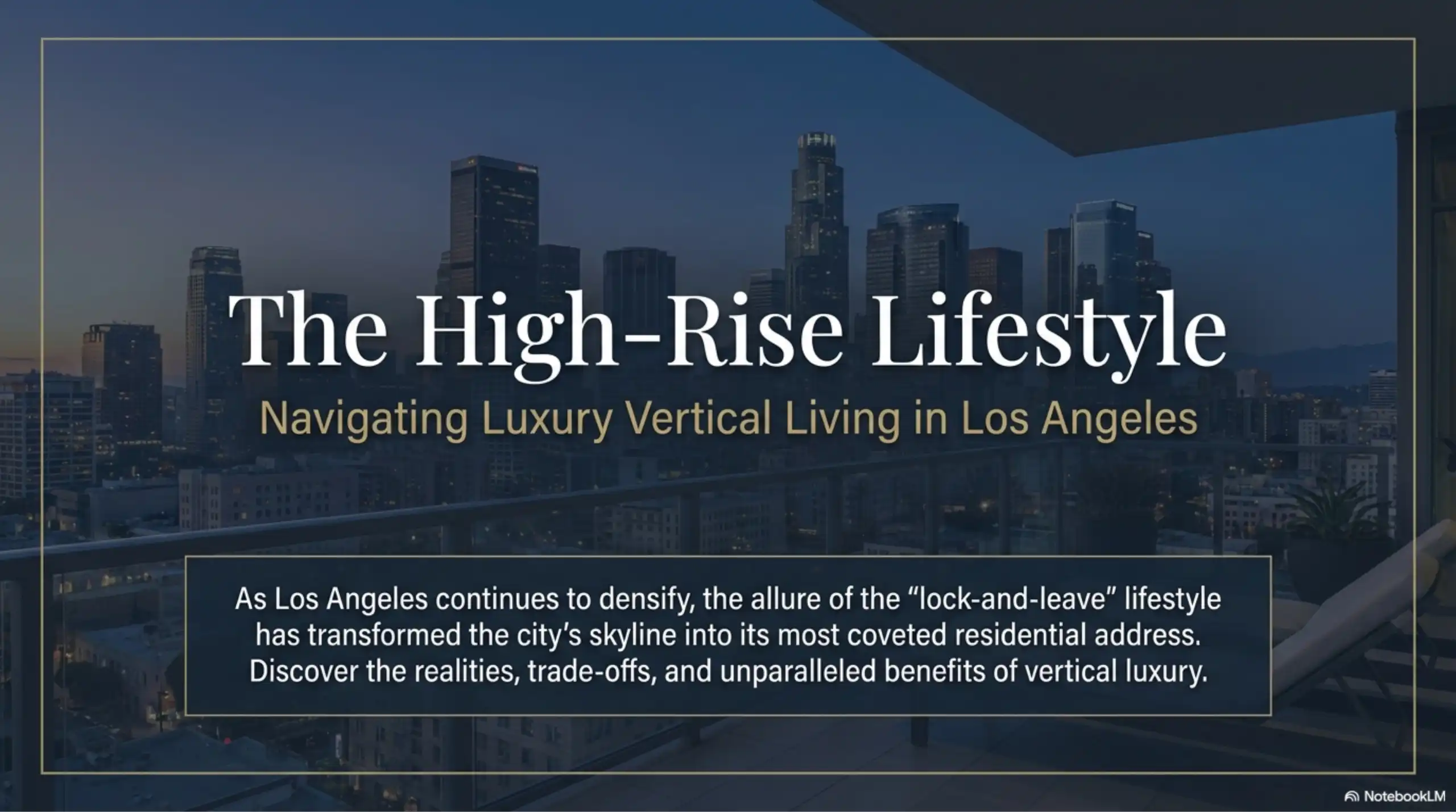 Los Angeles high-rise balcony overlooking the twilight city skyline.