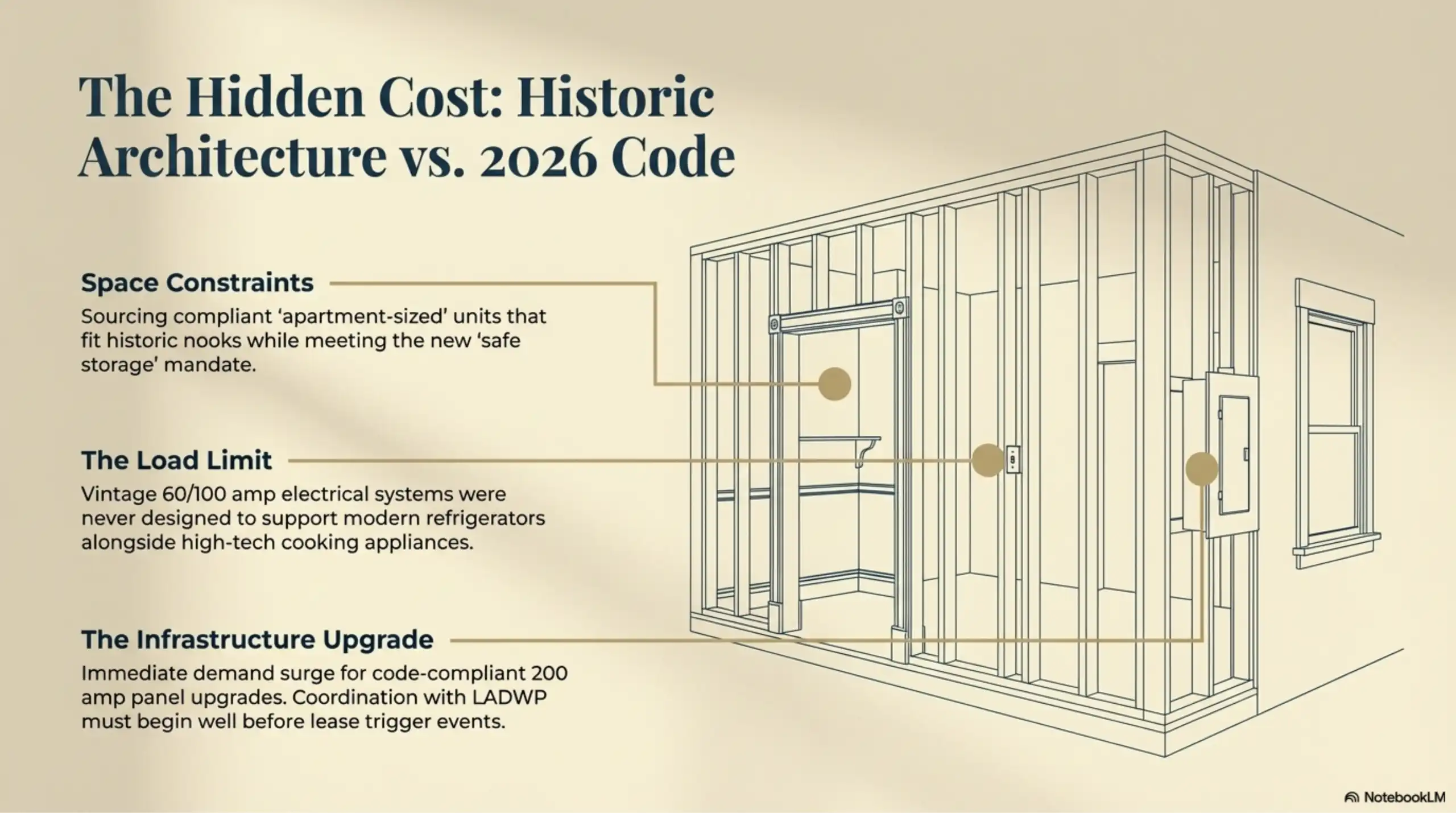 Architectural drawing of a room frame highlighting electrical panels and space constraints.
