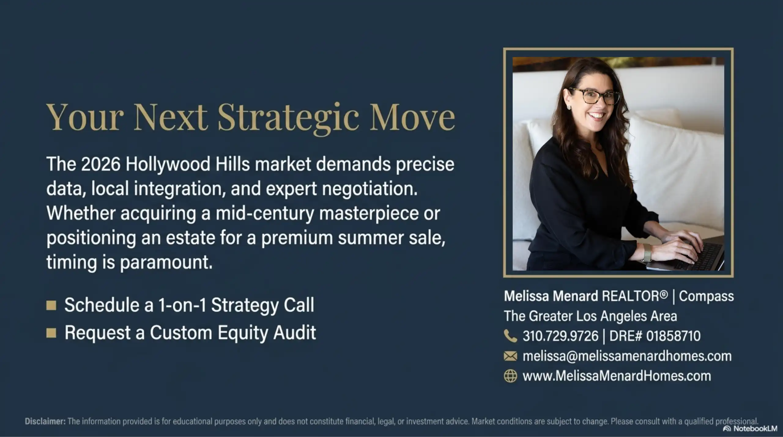 Contact information slide for Melissa Menard, REALTOR at Compass, offering a real estate strategy call and custom equity audit.