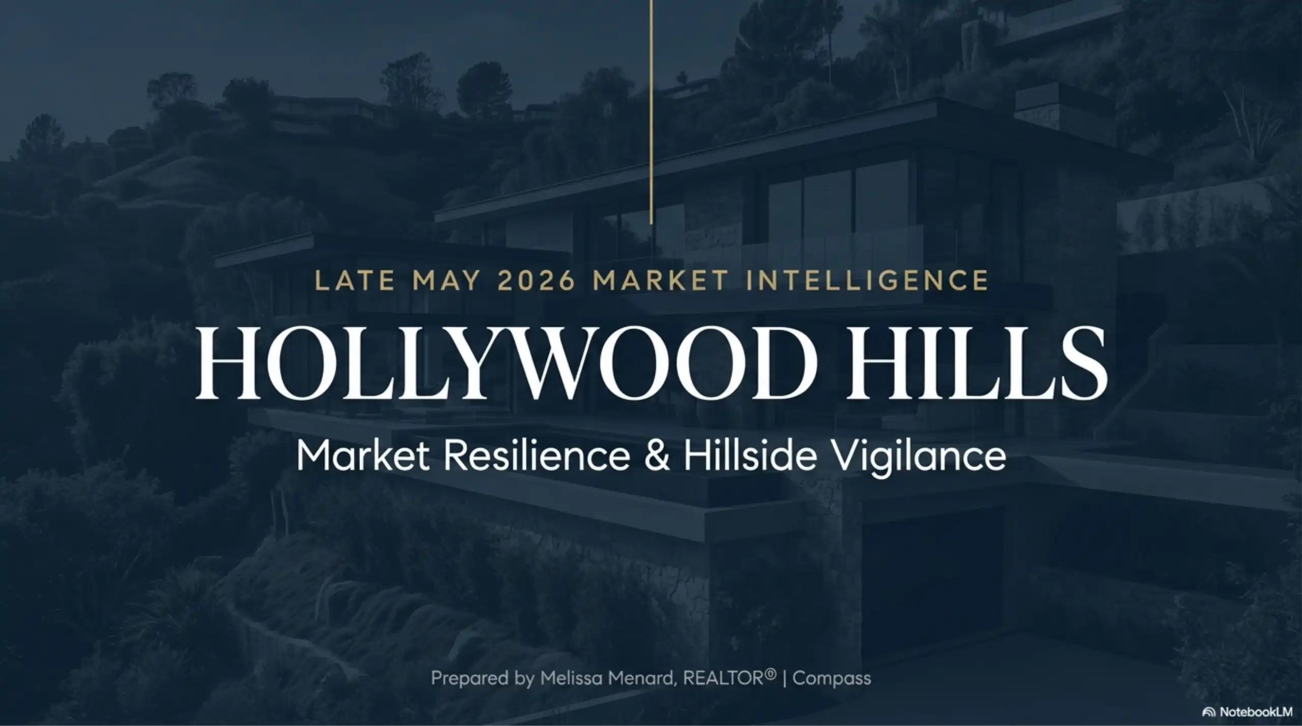 Dark blue presentation title slide featuring a background image of a modern, multi-level hillside residential property. Centered text reads: 