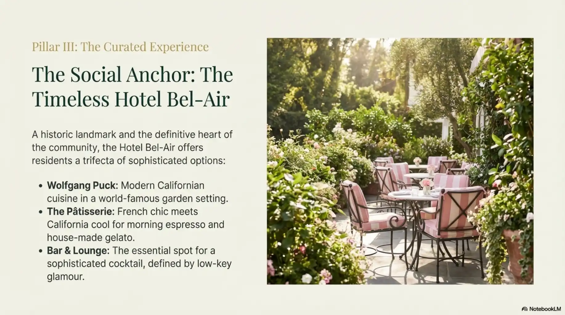 The sunny, garden-like patio dining area at Hotel Bel-Air, captioned "The Social Anchor."