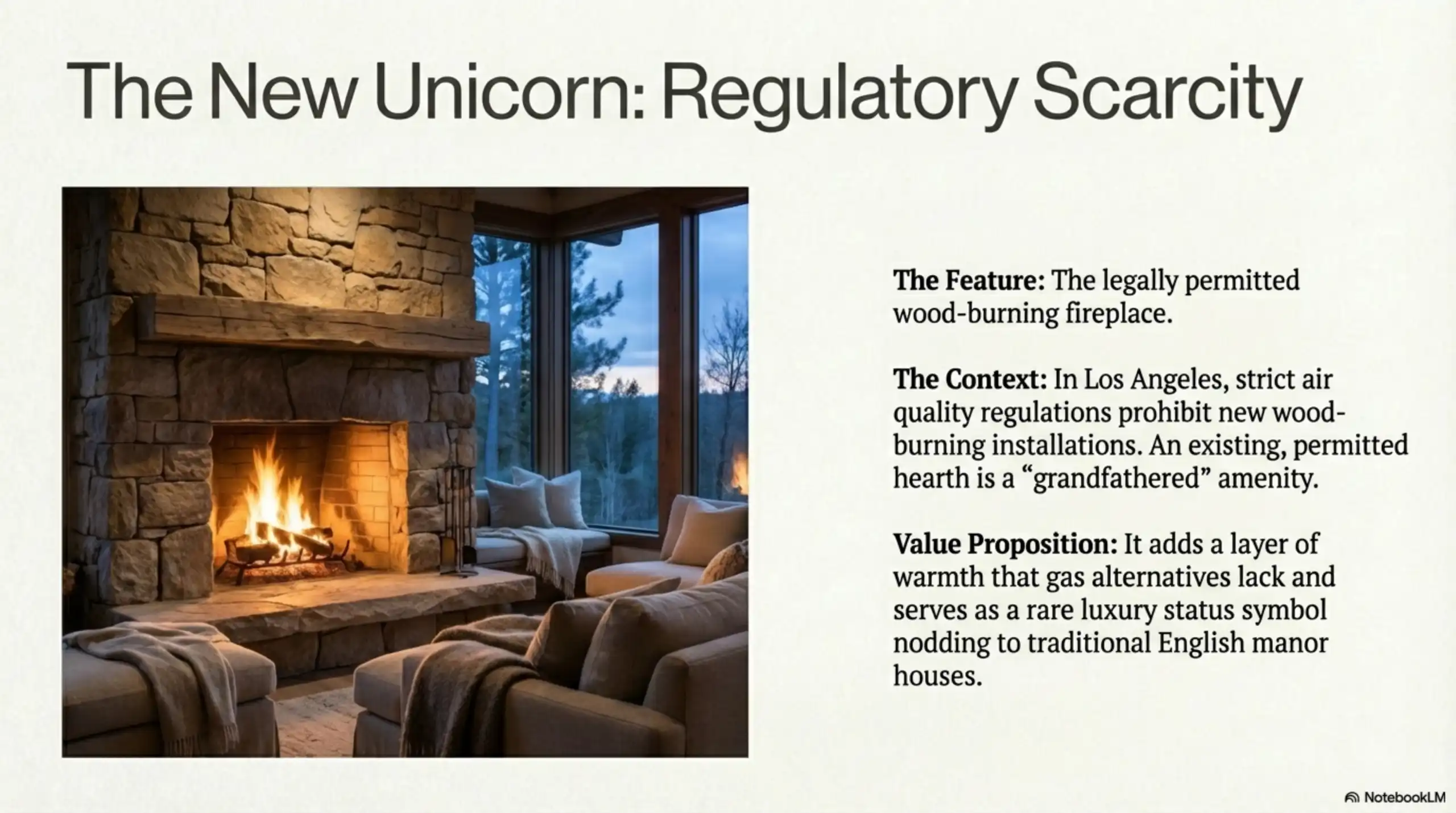 Slide titled "The New Unicorn: Regulatory Scarcity" featuring a living room with a lit wood-burning stone fireplace.