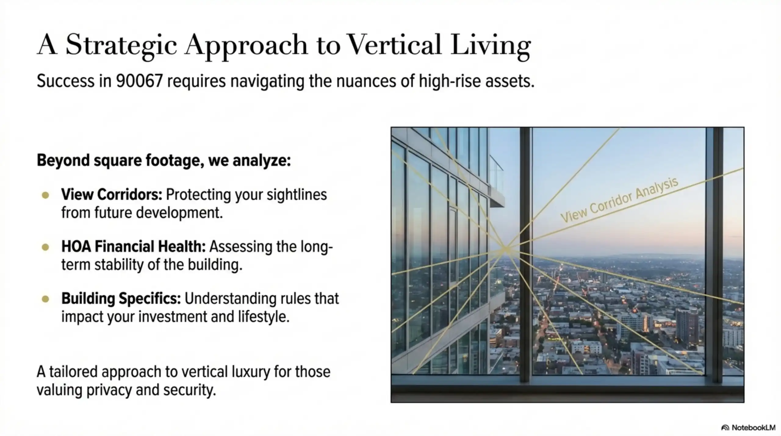 Interior view from a high-rise window looking out at the city skyline with graphical lines overlaying the image to indicate view corridors.