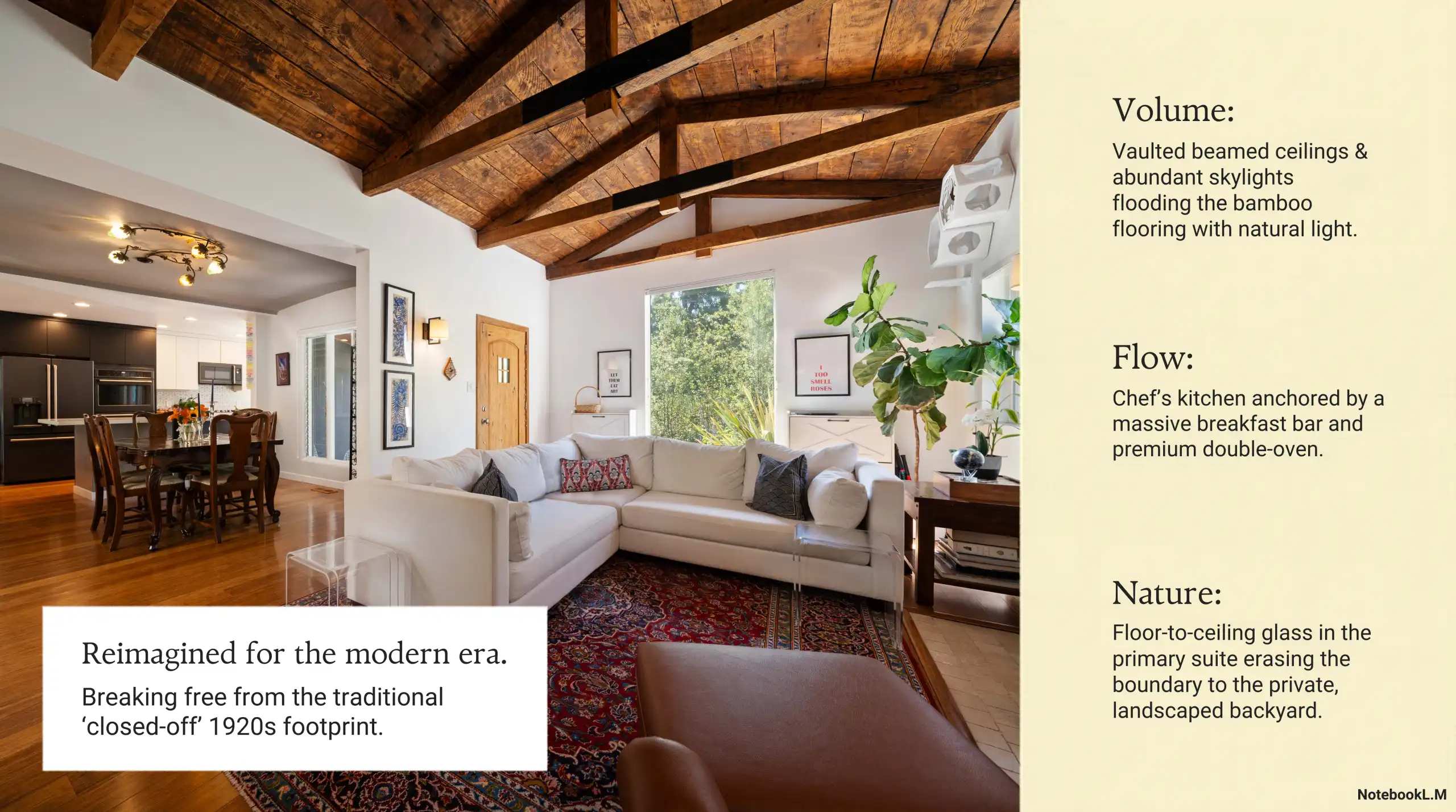 Interior with vaulted beamed ceilings, skylights, bamboo flooring, and sectional sofa.