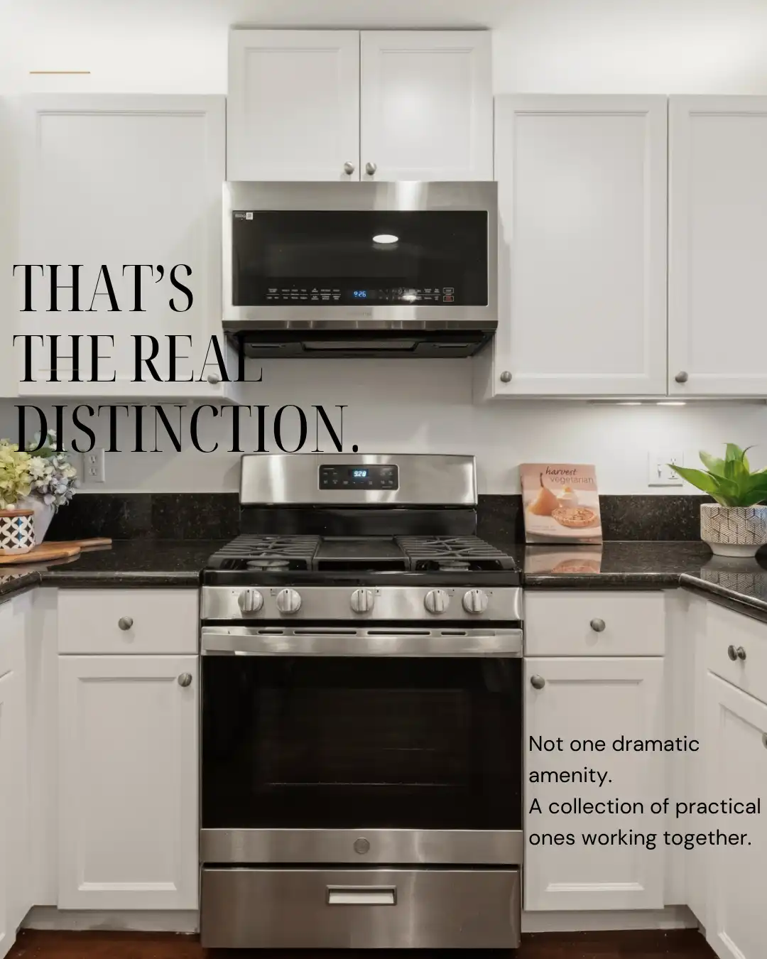 Apartment kitchen interior showing cabinetry, cooking appliances, countertop space, and promotional text about practical features.