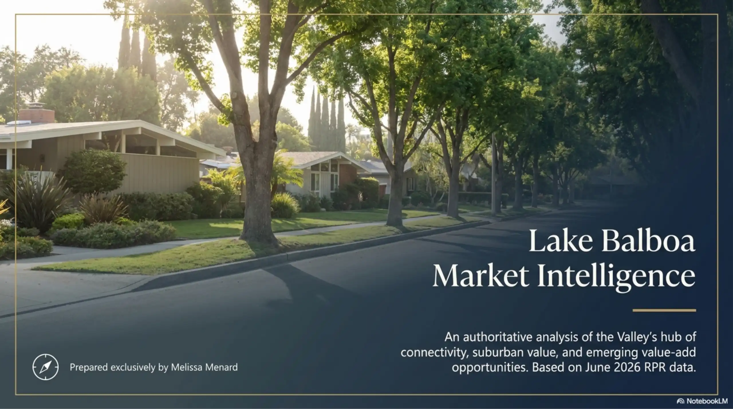 Real estate market report title slide for Lake Balboa featuring a residential street exterior