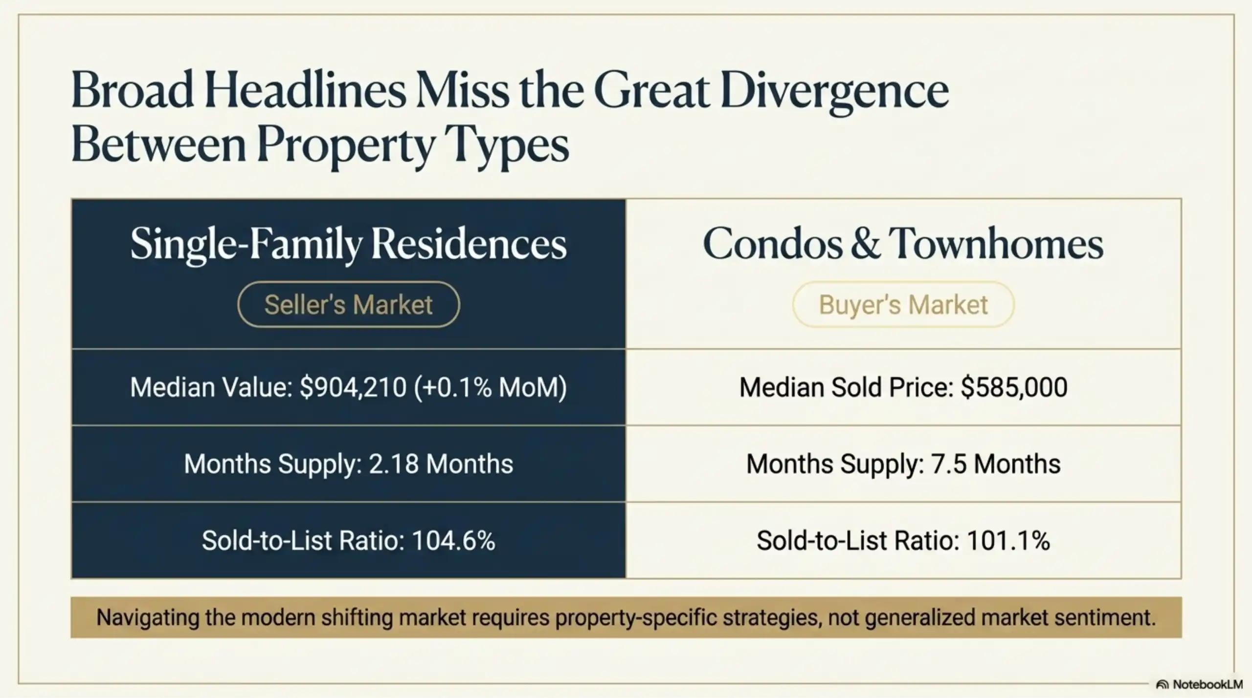 Comparison chart of SFR and condo/townhome market statistics Photo Label: Presentation Slide – Market Comparison