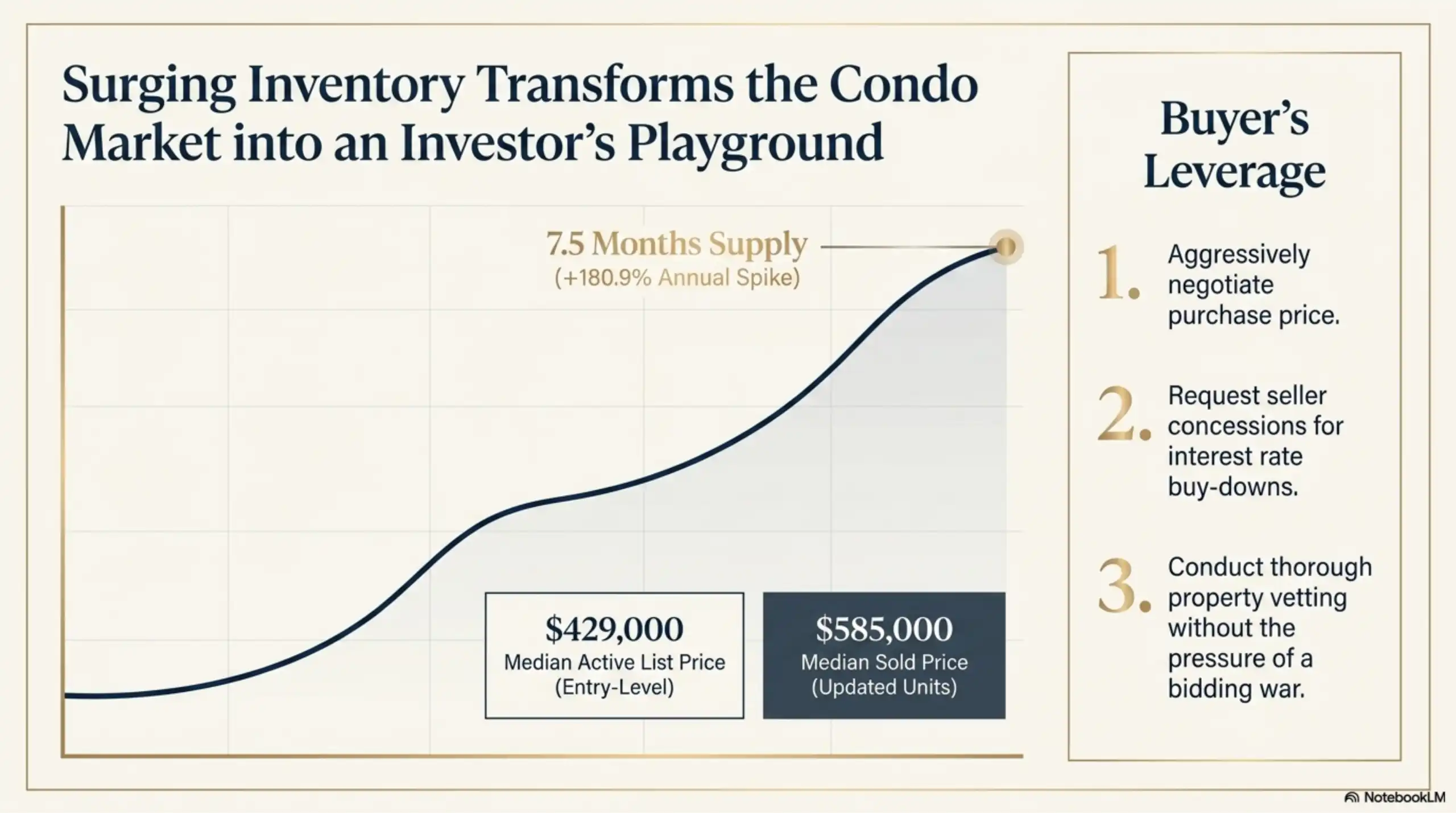 Real estate presentation slide outlining Lake Balboa condo inventory and pricing trends
