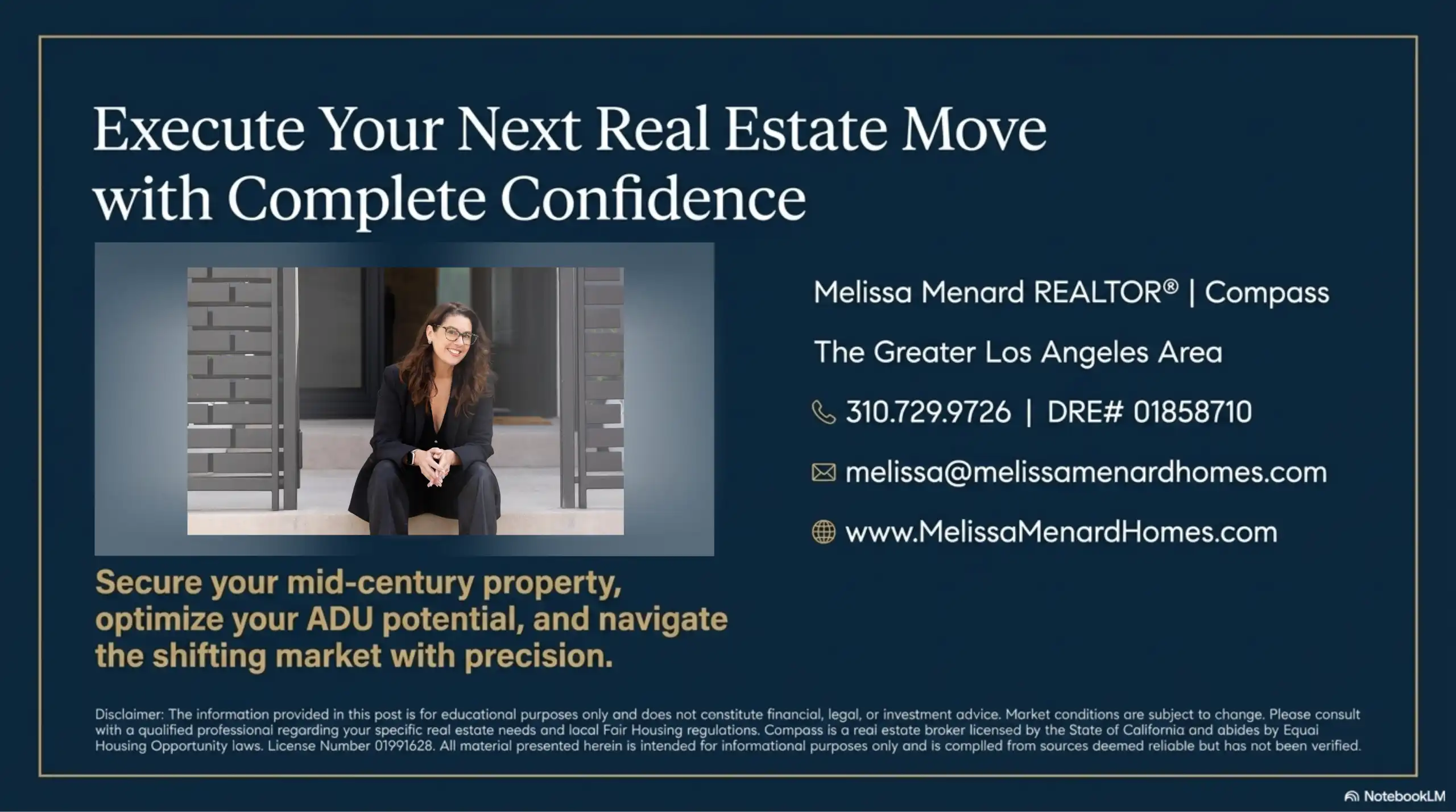 Real estate presentation slide with agent contact details and portrait for Lake Balboa