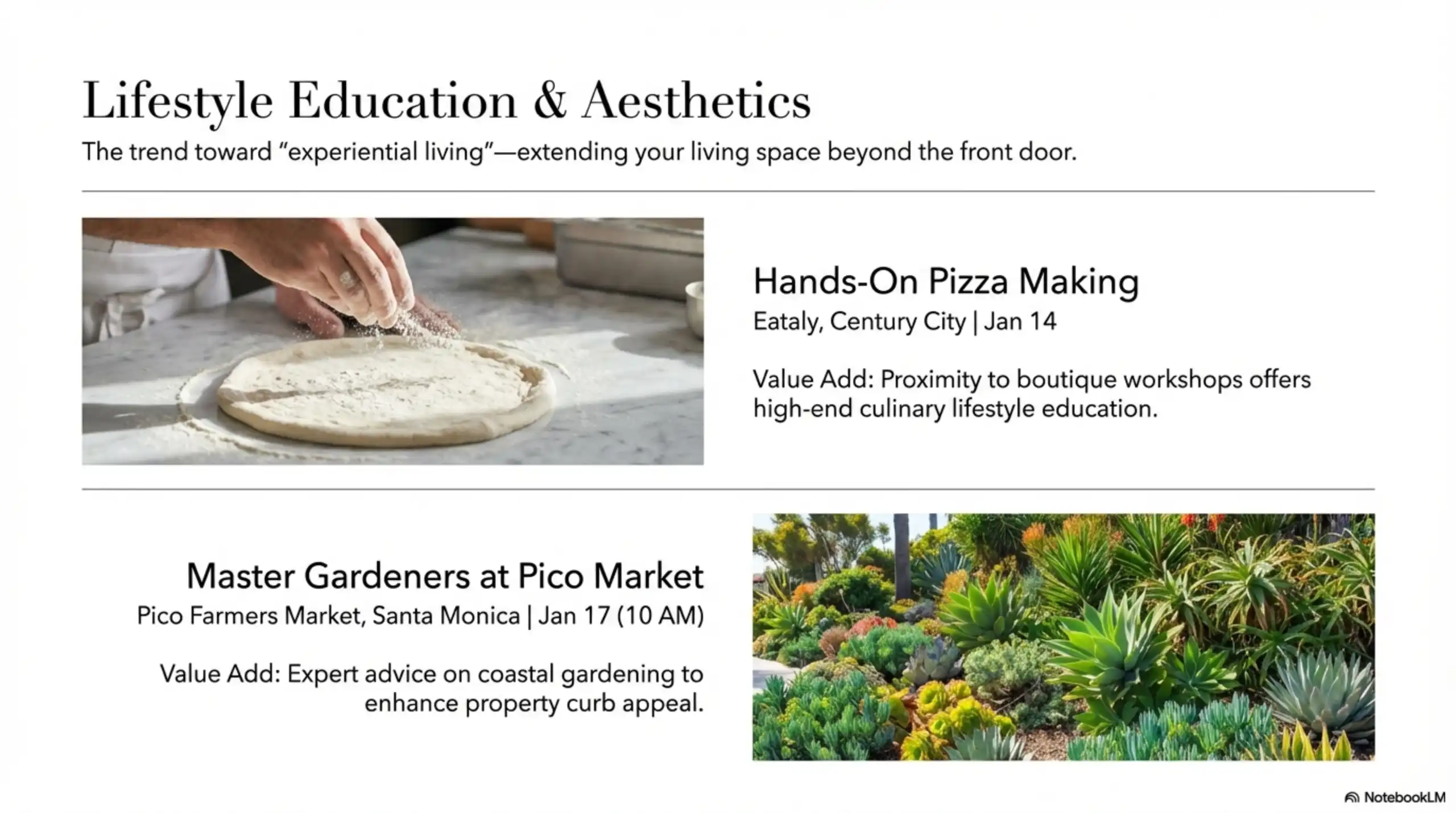 Split image graphic showing hands kneading pizza dough and a succulent garden bed.