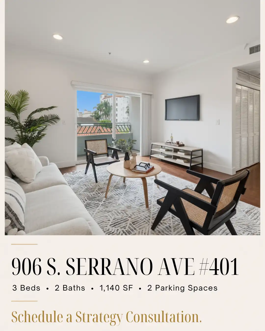 Apartment living room showing furnishings, balcony access, and text listing address 906 S. Serrano Ave #401 with unit specifications.