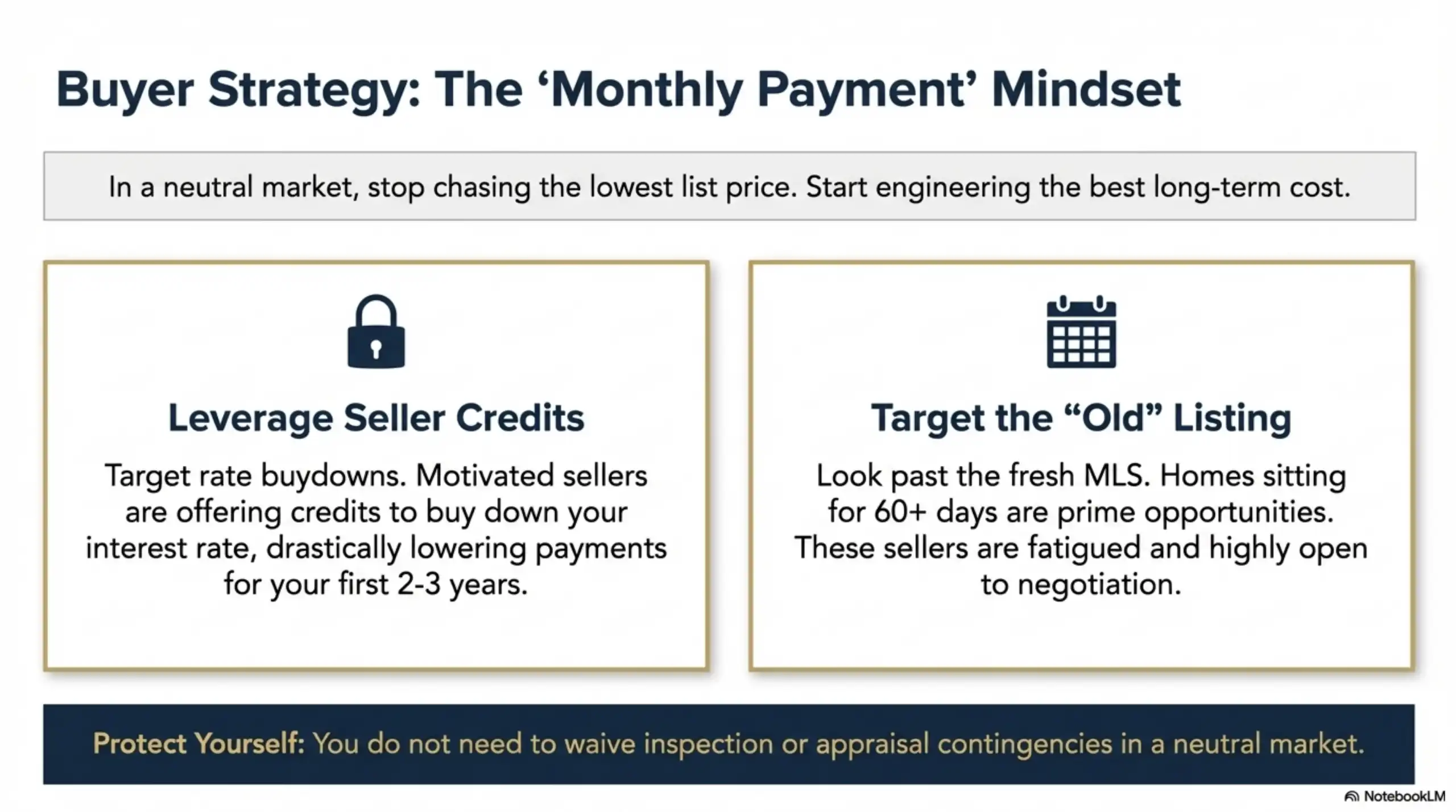 Graphic detailing buyer strategies including seller credits and targeting older listings.