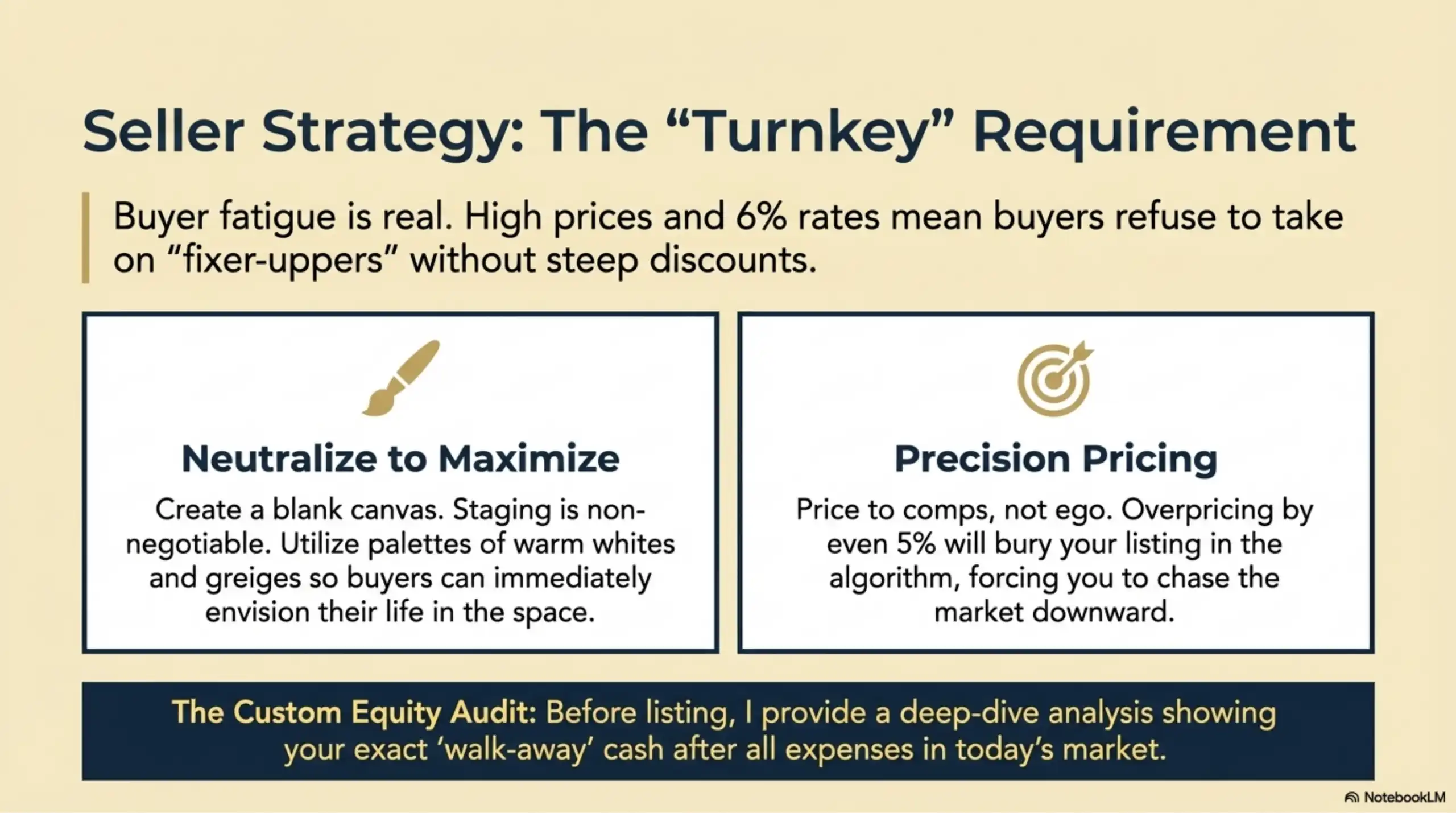 Graphic explaining seller requirements for turnkey properties and precision pricing.