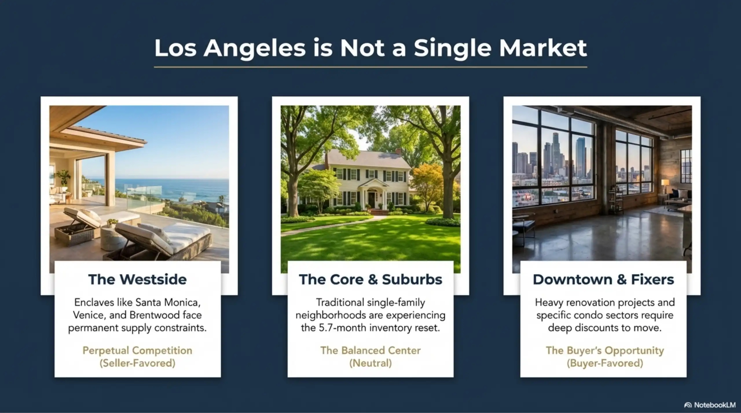 Three-panel graphic showing Westside coastal views, suburban homes, and downtown lofts.