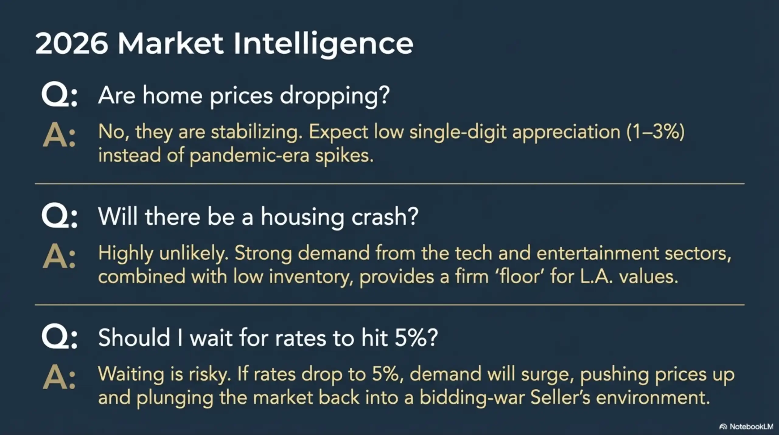 Text-based graphic answering questions about home price stabilization and housing crash risks.