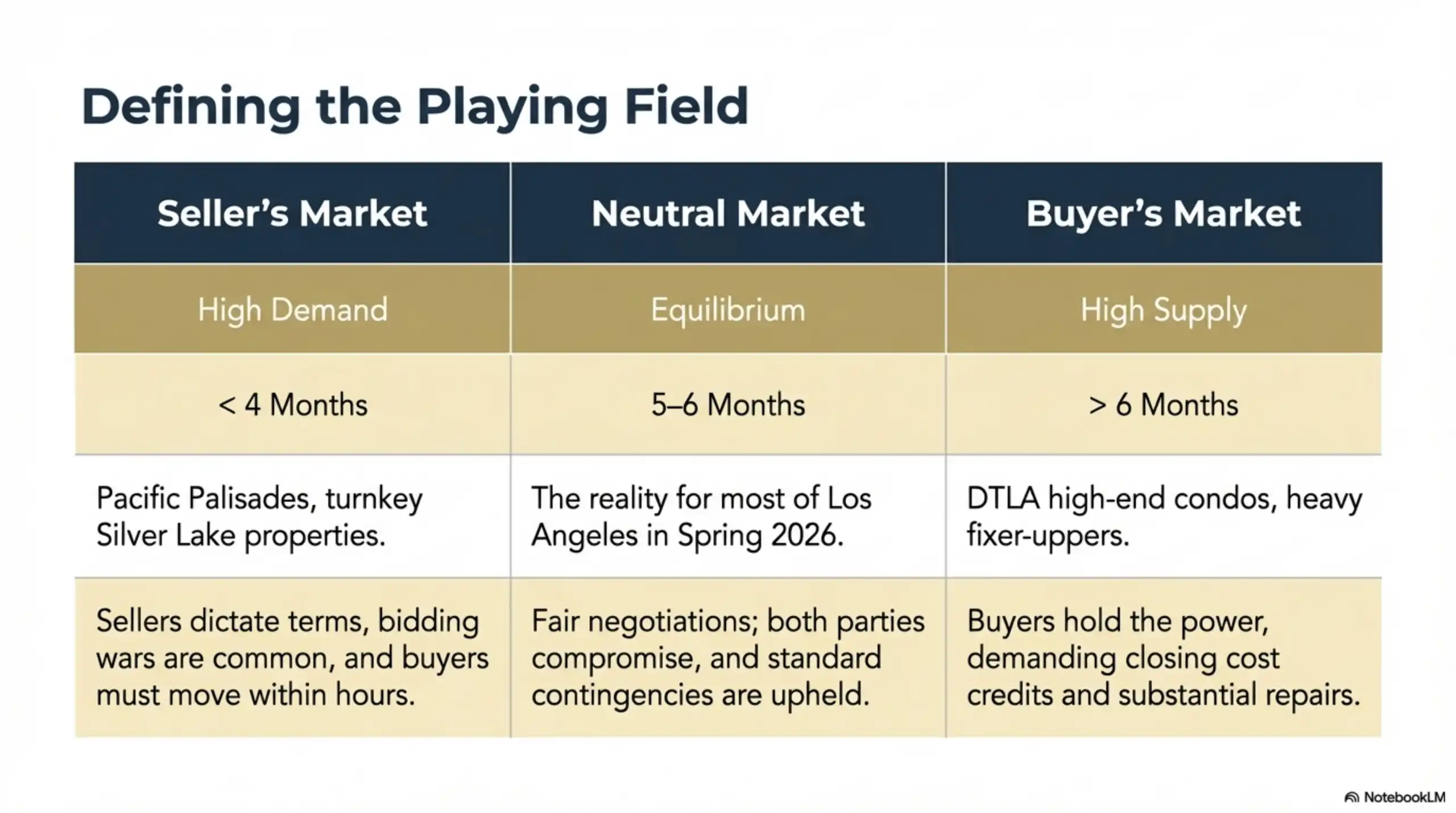 Table comparing Seller’s, Neutral, and Buyer’s markets with local neighborhood examples.