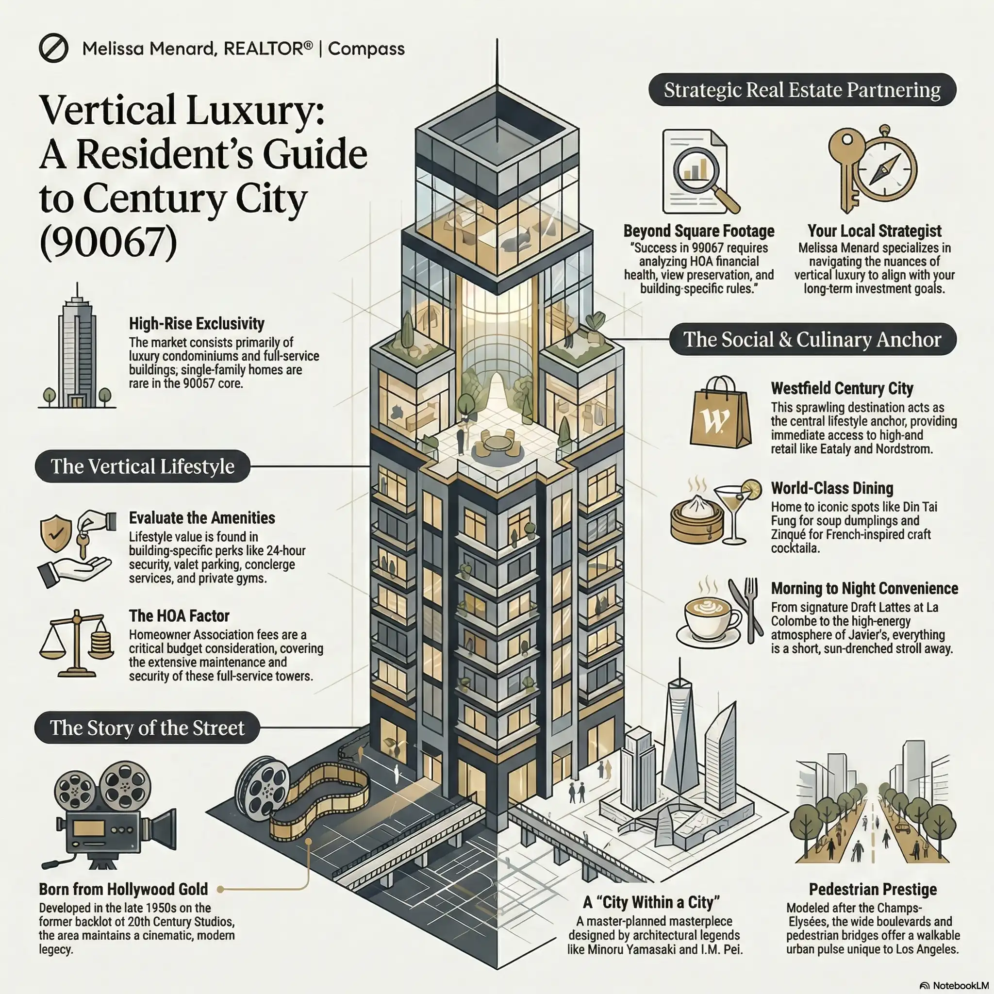 Detailed infographic titled "Vertical Luxury: A Resident's Guide to Century City (90067)" featuring a cutaway illustration of a high-rise building surrounded by text blocks describing amenities, HOA factors, history, and local dining options like Westfield Century City.