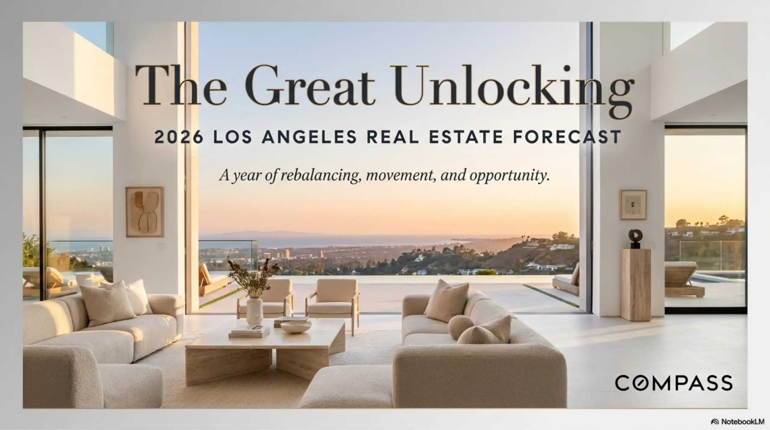 Spacious modern living room with floor-to-ceiling glass walls overlooking a sunset cityscape.