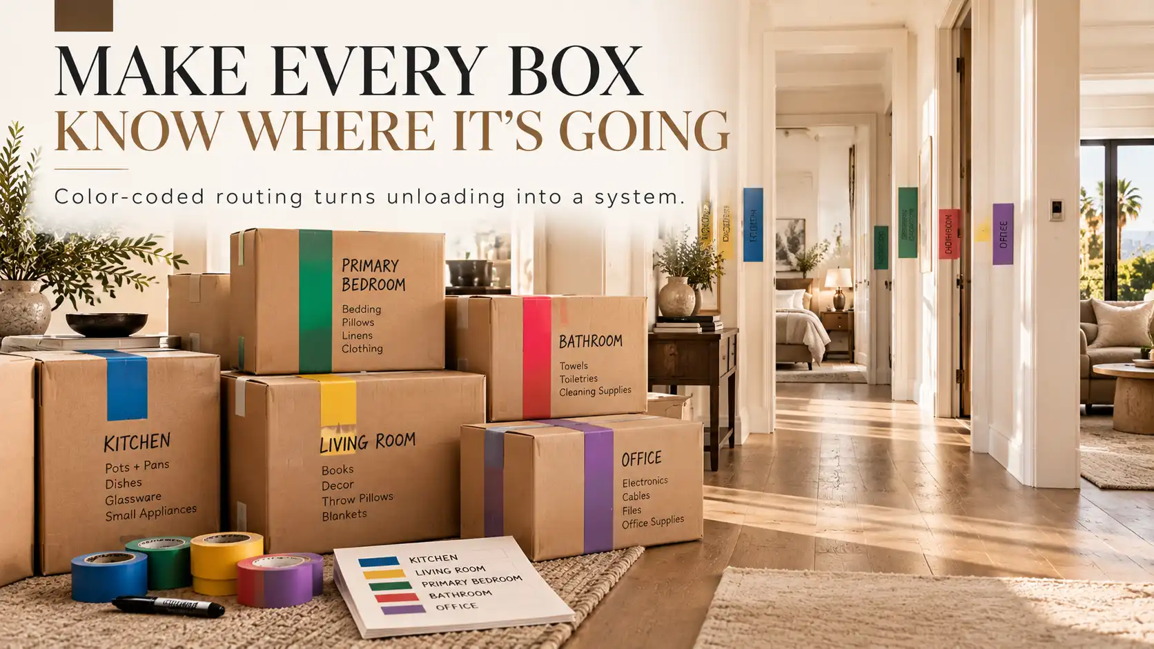 Color-coded moving boxes and a color key in a hallway with matching colored markers on doorways.