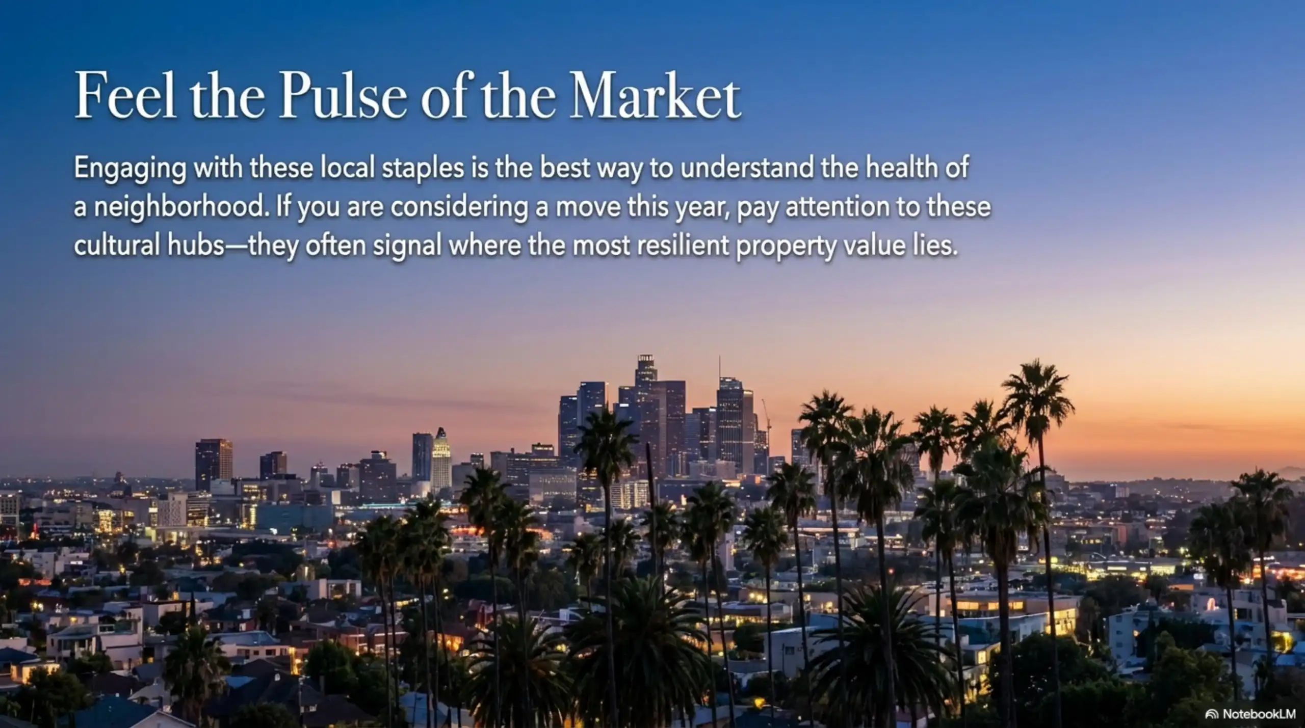 Downtown Los Angeles skyline view at sunset featuring high-rise buildings and silhouette of palm trees in the foreground.