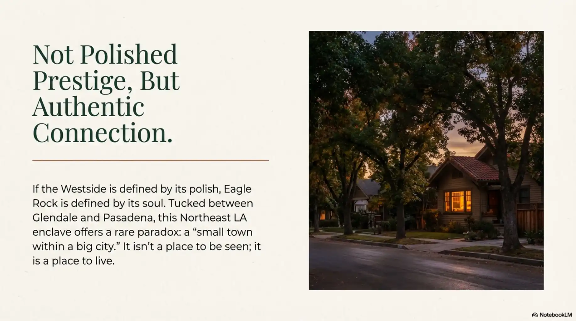 A residential street in Eagle Rock featuring a Craftsman-style bungalow with a terracotta roof at dusk.
