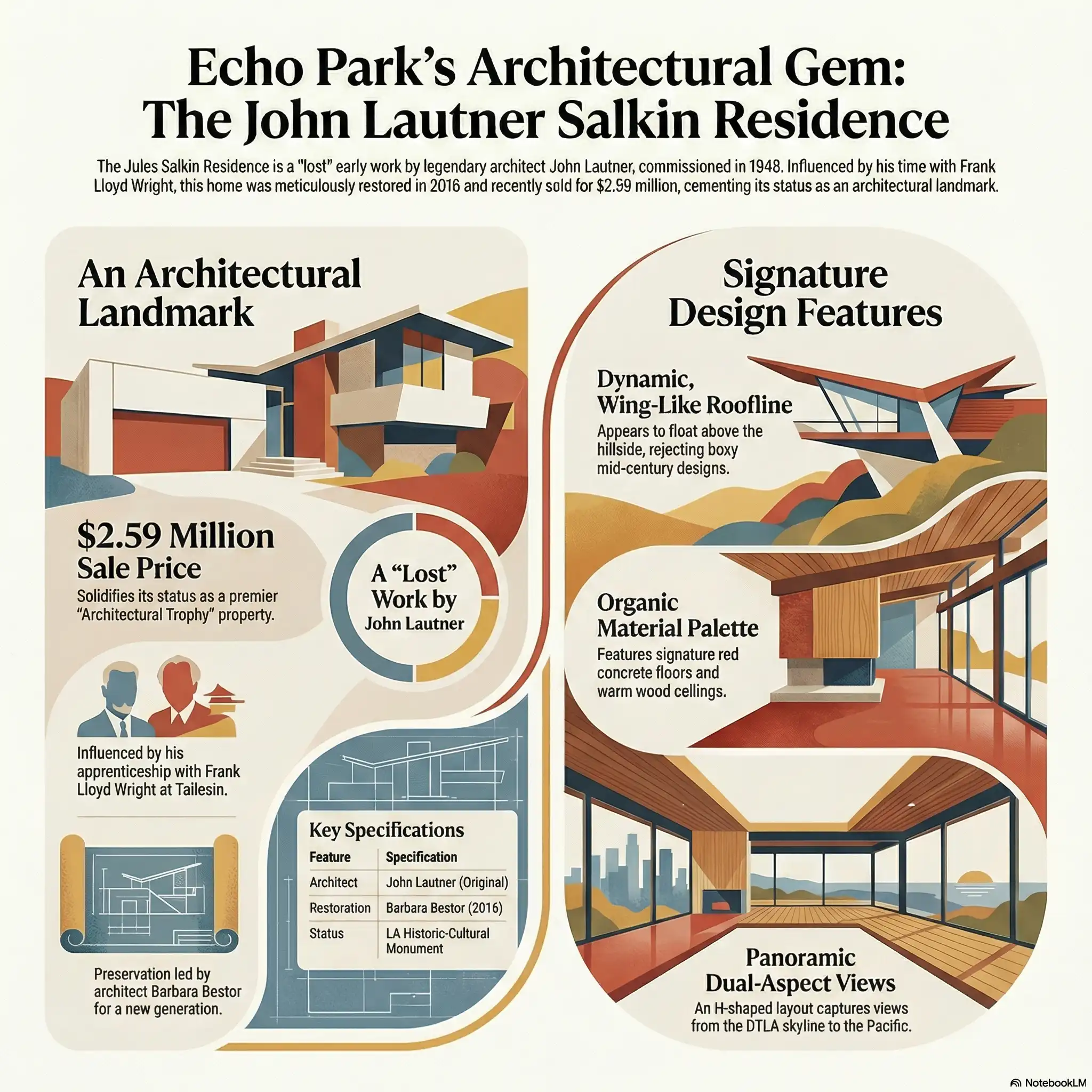 Infographic detailing the John Lautner Salkin Residence in Echo Park featuring architectural illustrations, restoration history by Barbara Bestor, and structural specifications.