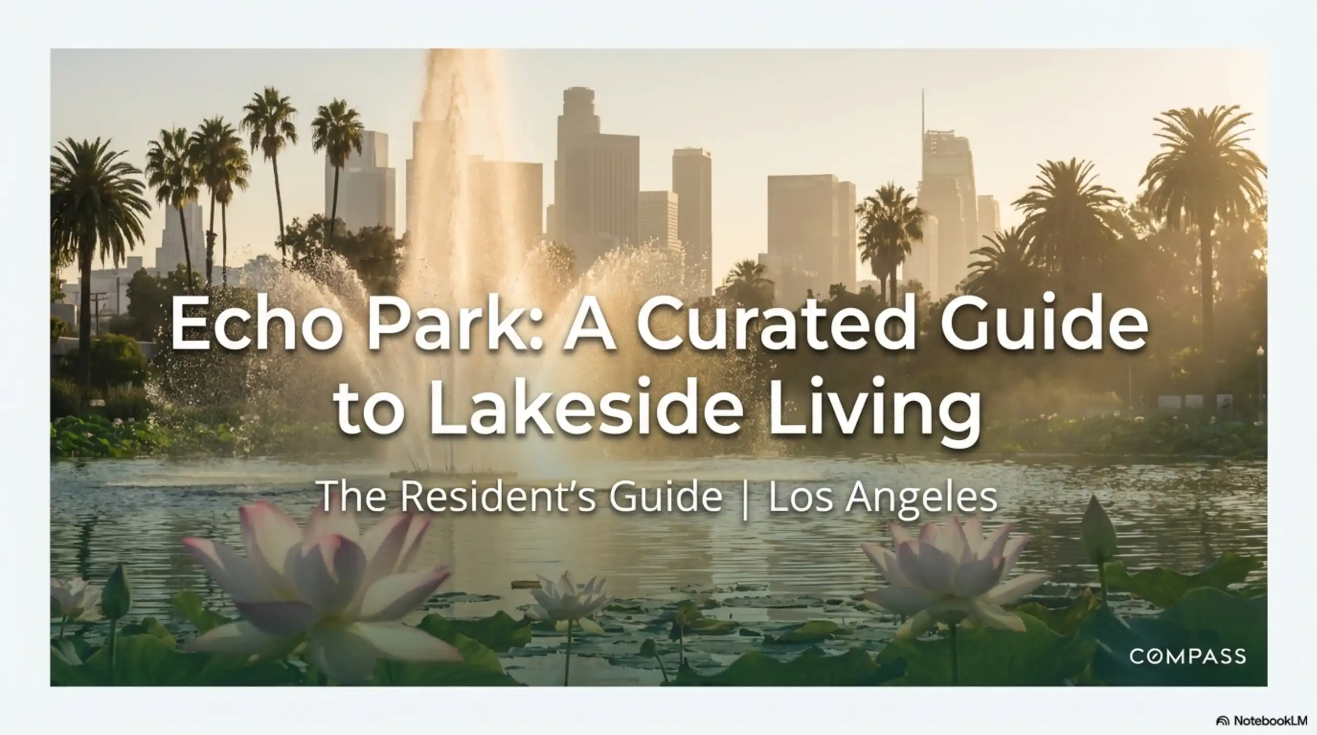 View of Echo Park Lake fountain with the Los Angeles skyline in the background and lotus flowers.