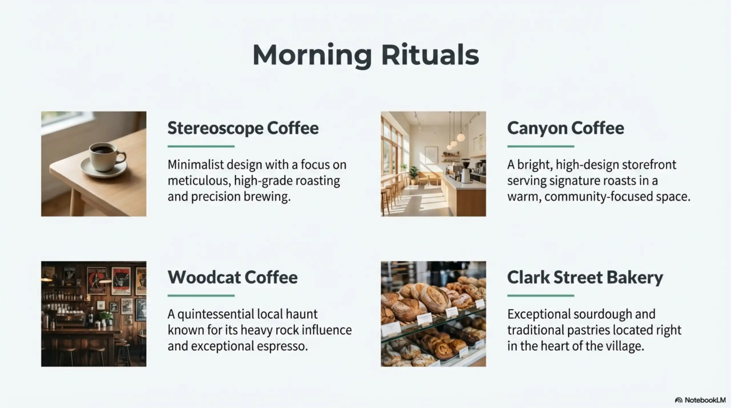 A grid of four images showing coffee shop interiors, a cup of coffee, and baked bread.