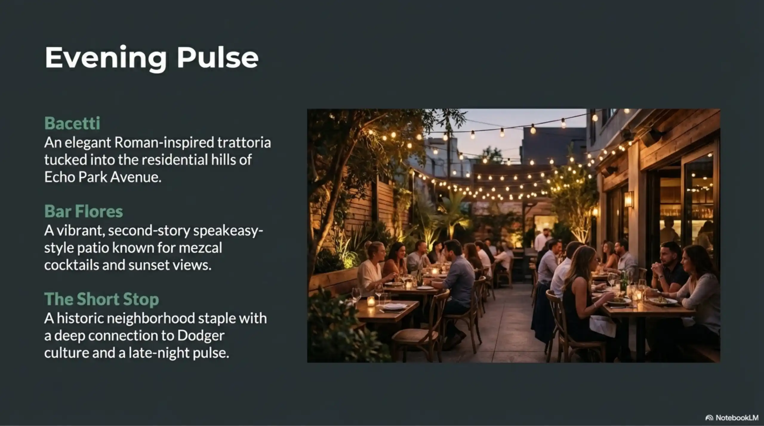An outdoor restaurant patio at night with string lights and people seated at tables.