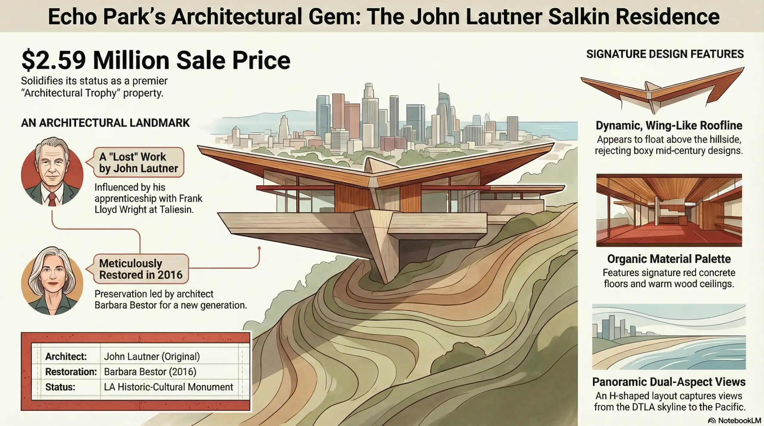 Infographic detailing the John Lautner Salkin Residence in Echo Park, featuring an illustration of the hillside exterior, wing-like roofline, and 2016 restoration data by Barbara Bestor.