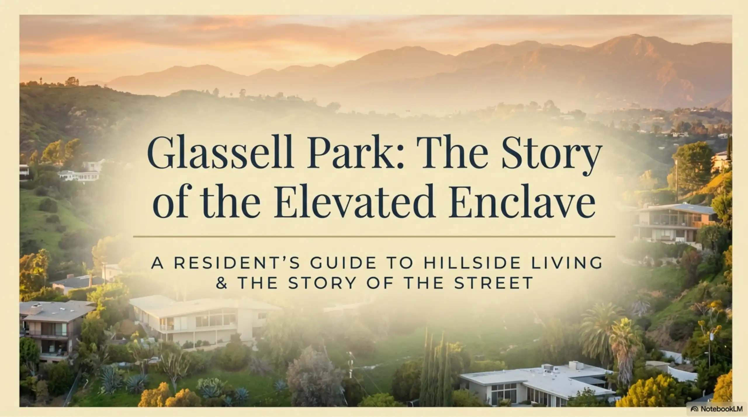 Text overlay on a panoramic sunset view of hillside homes and mountain ridges.