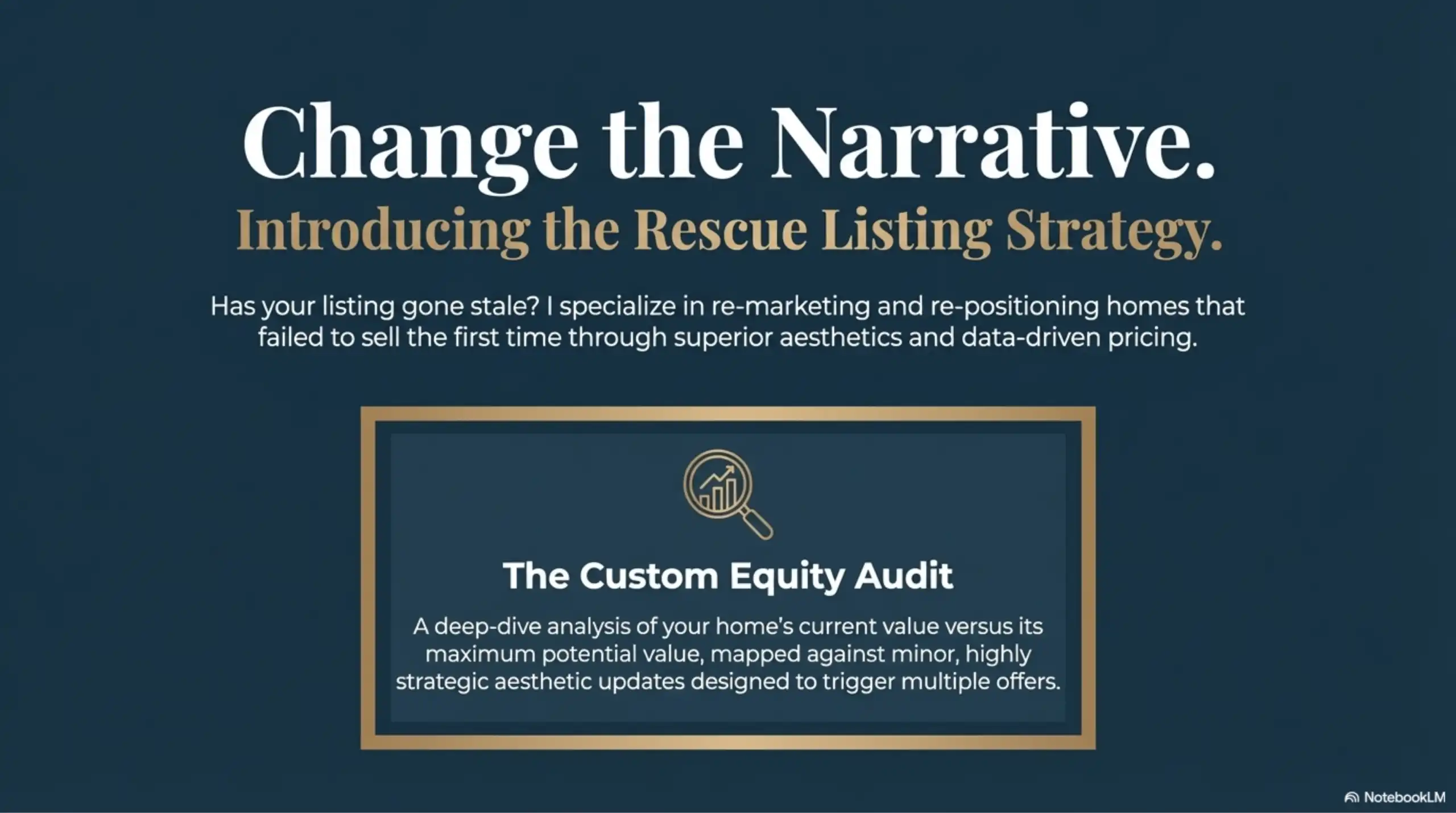 Graphic introducing a rescue listing strategy and custom equity audit.
