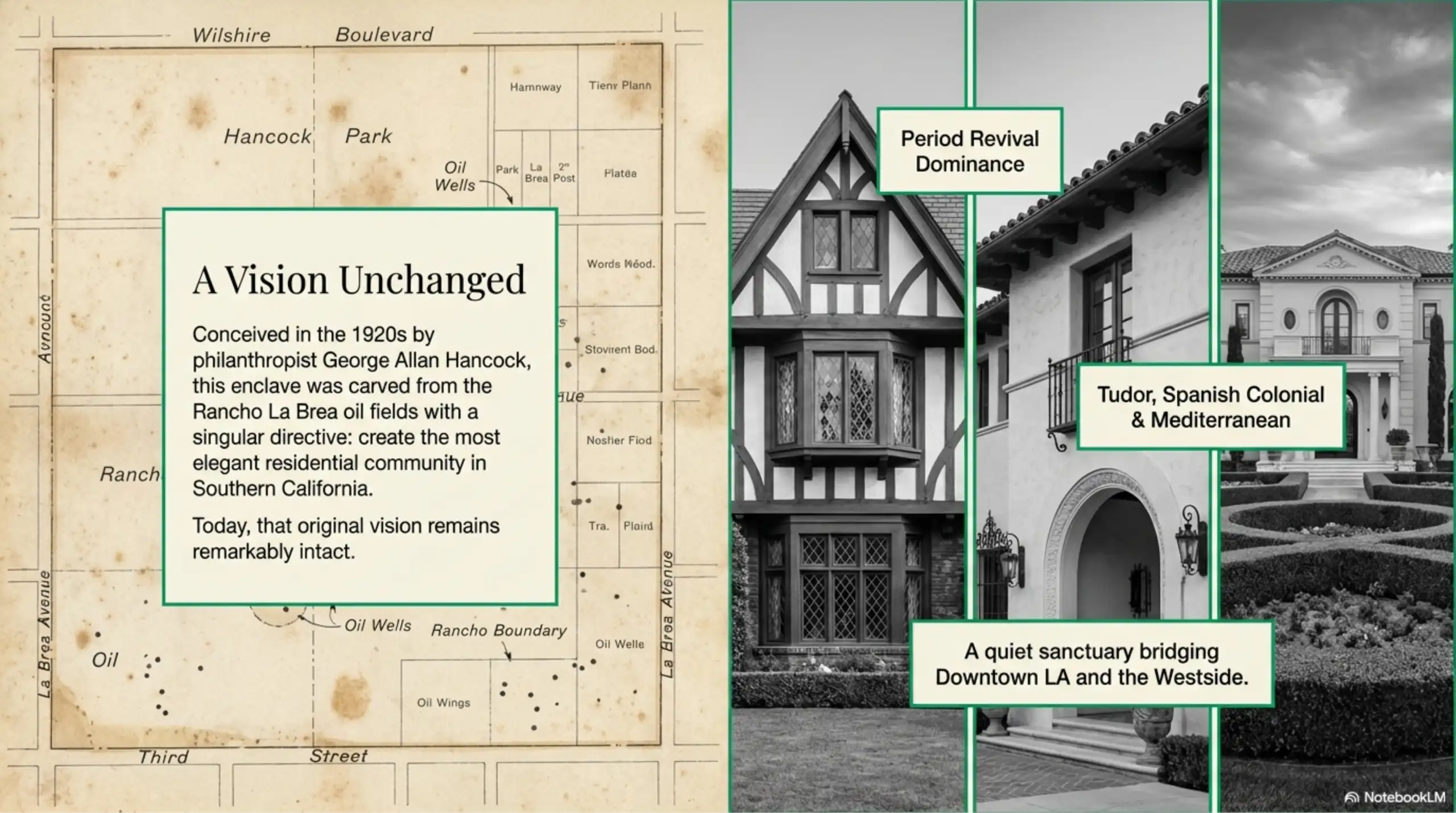 Vintage map of Rancho La Brea next to photos of Tudor and Spanish Colonial homes.