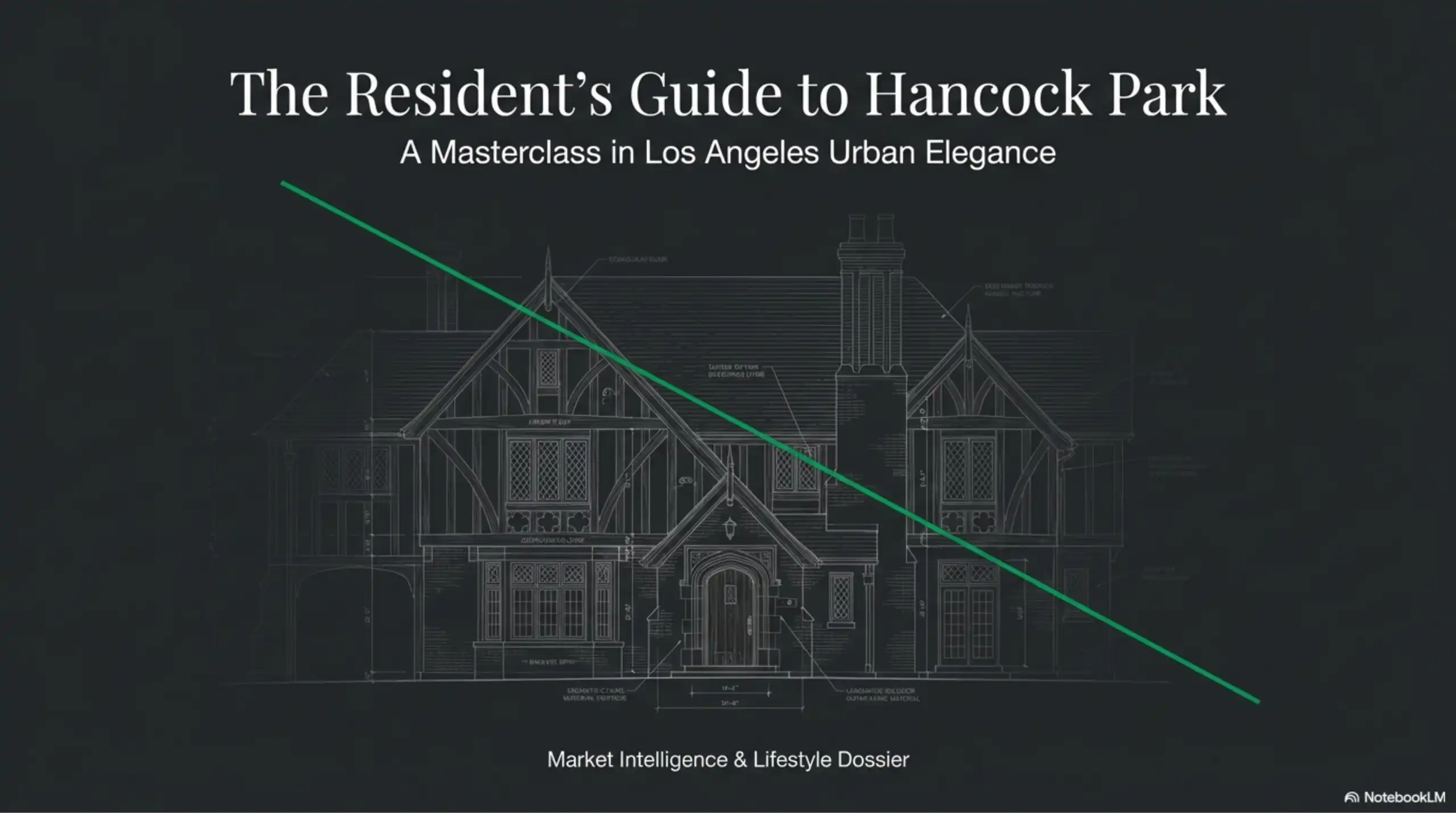 Architectural blueprint of a Tudor revival house on a dark background with white text.